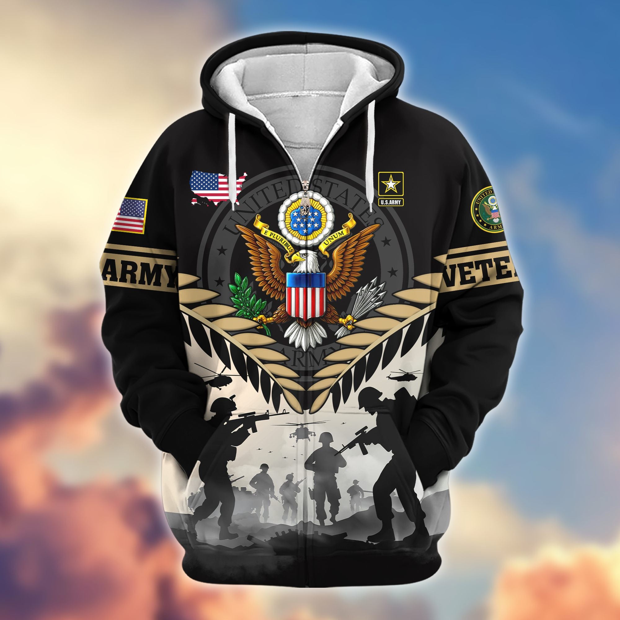 Premium US Veterans Zip Hoodie, Gifts For US Veterans, Gifts On Father's Day, Veterans Day.