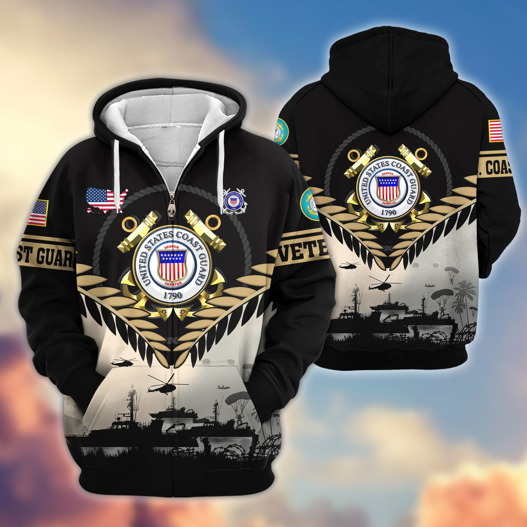 Premium US Veterans Zip Hoodie, Gifts For US Veterans, Gifts On Father's Day, Veterans Day.