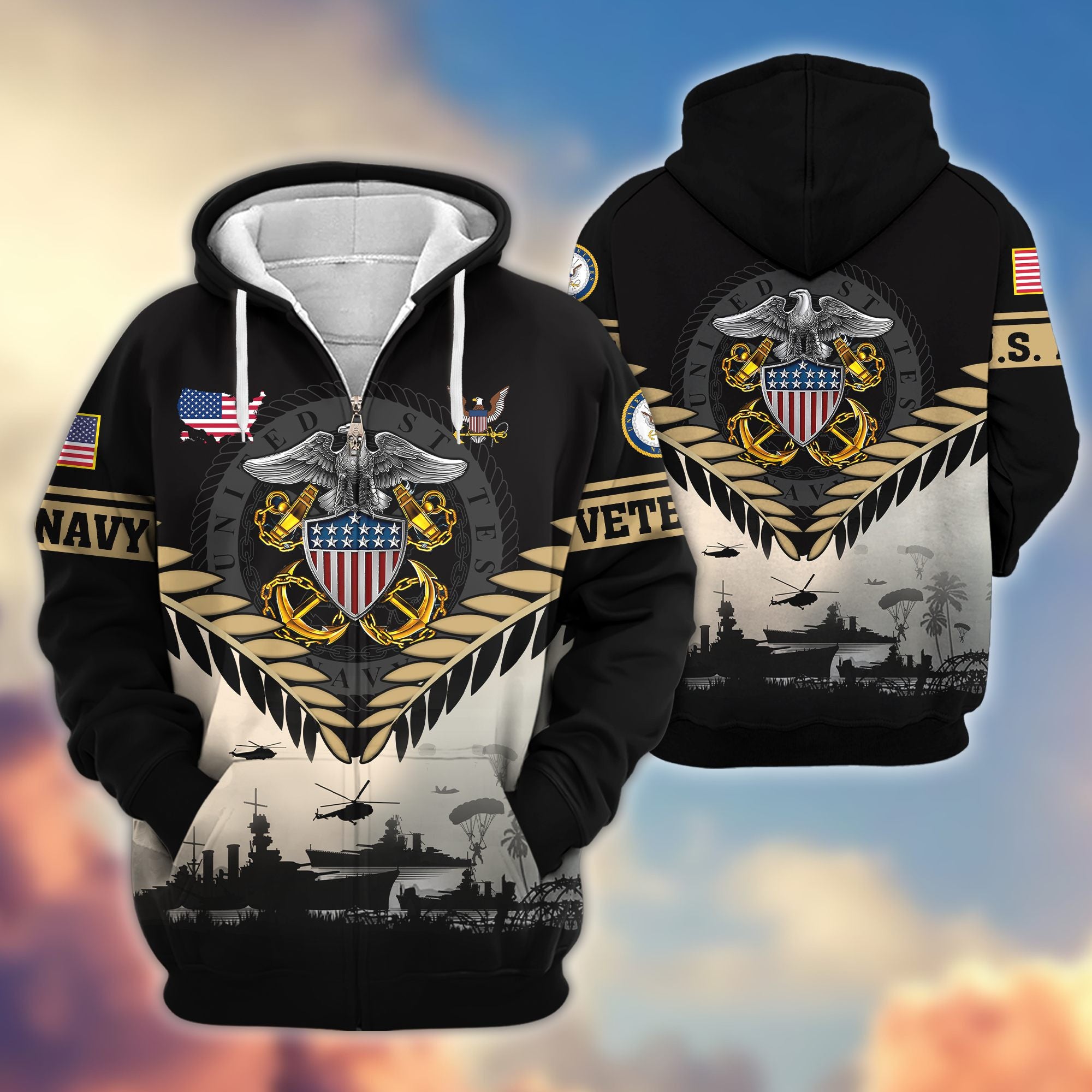 Premium US Veterans Zip Hoodie, Gifts For US Veterans, Gifts On Father's Day, Veterans Day.
