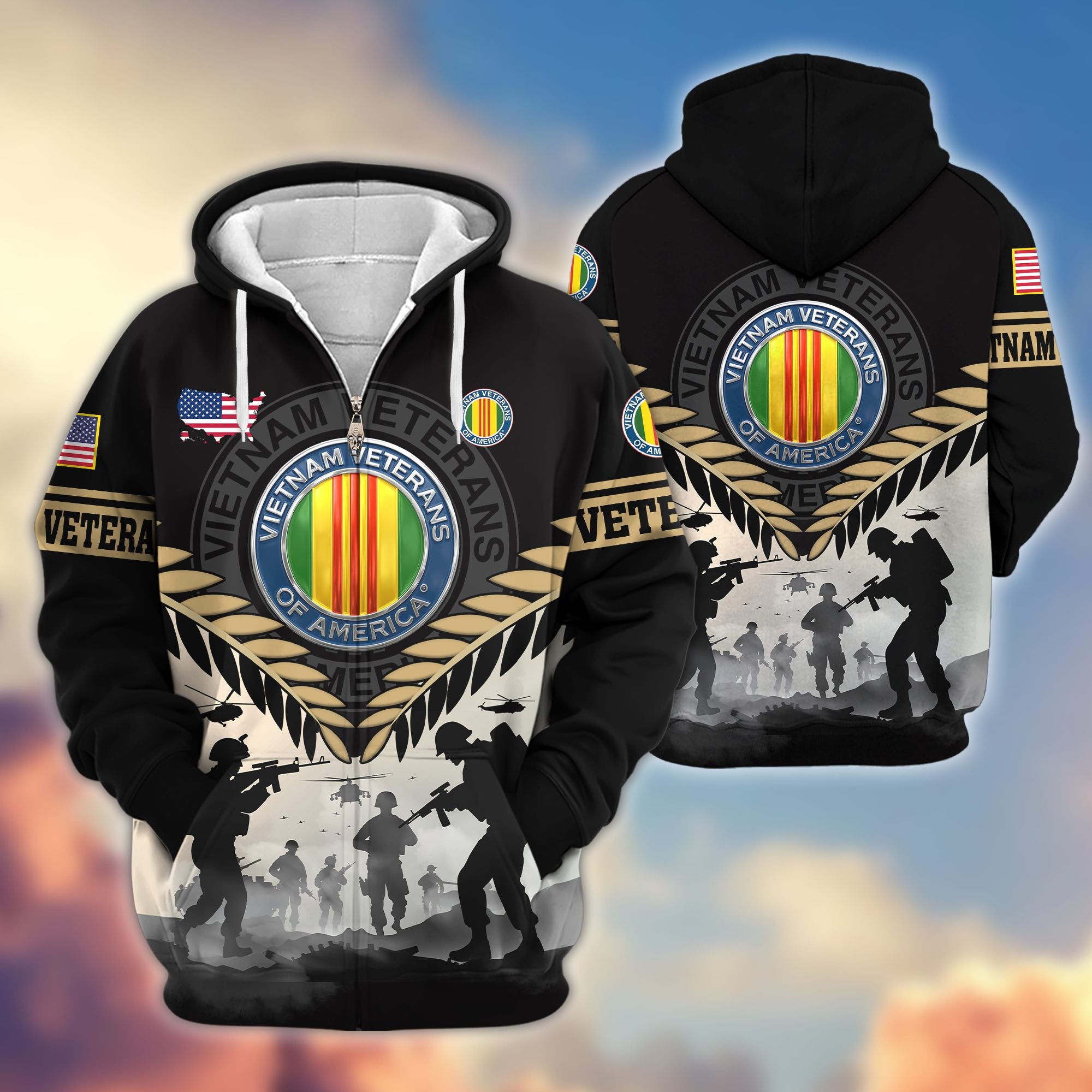Premium US Veterans Zip Hoodie, Gifts For US Veterans, Gifts On Father's Day, Veterans Day.