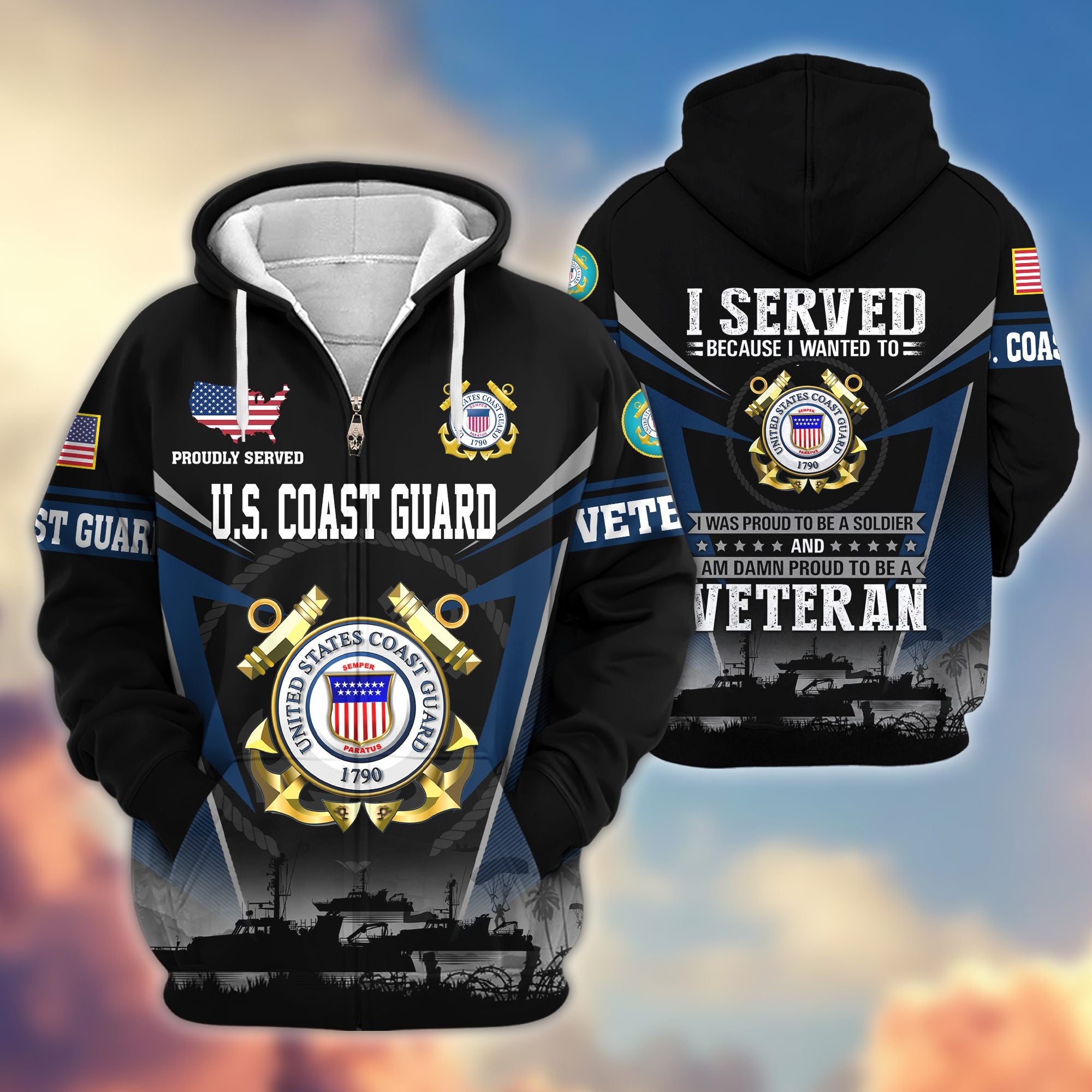 Premium US Veterans Zip Hoodie, Gifts For US Veterans, Gifts On Father's Day, Veterans Day.