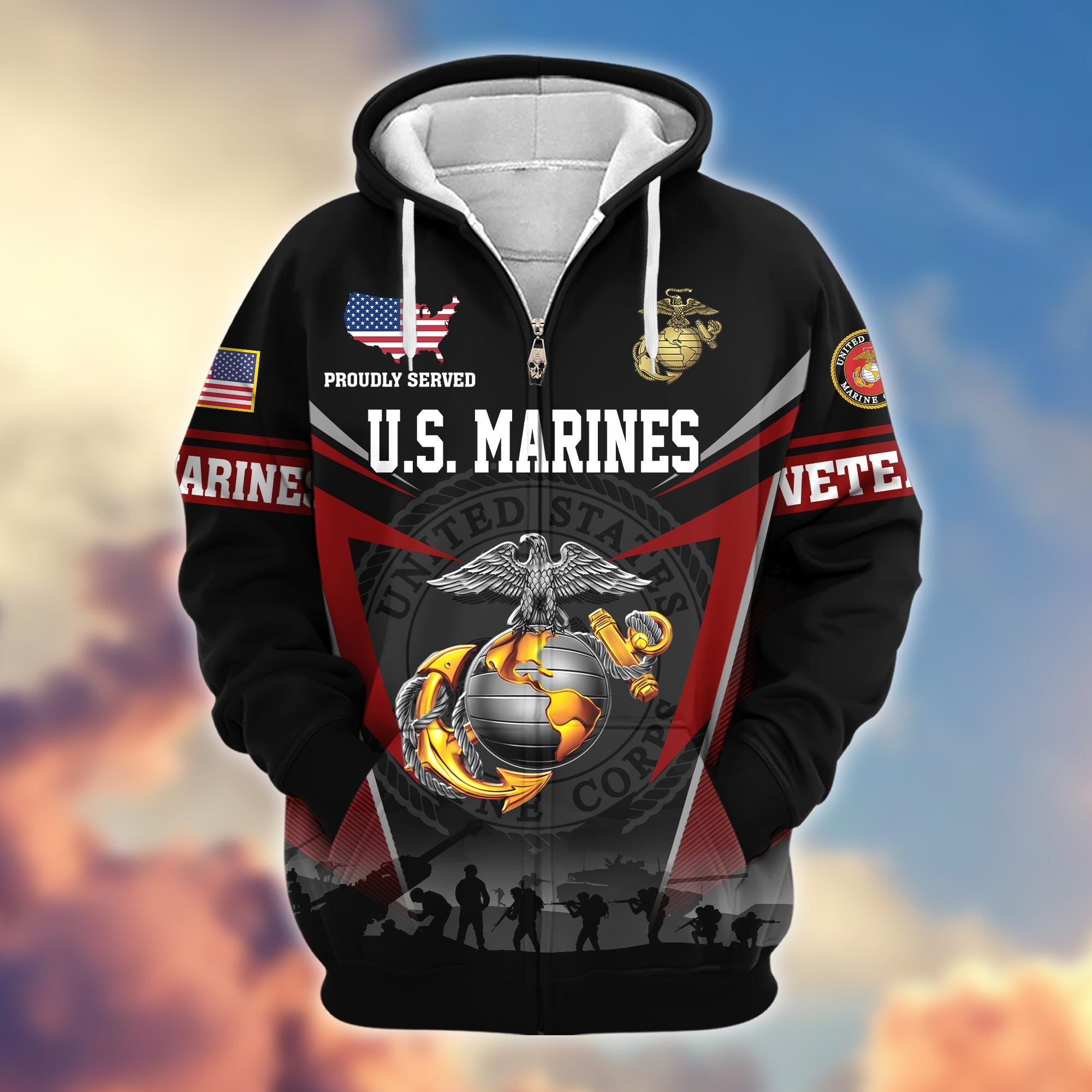 Premium US Veterans Zip Hoodie, Gifts For US Veterans, Gifts On Father's Day, Veterans Day.