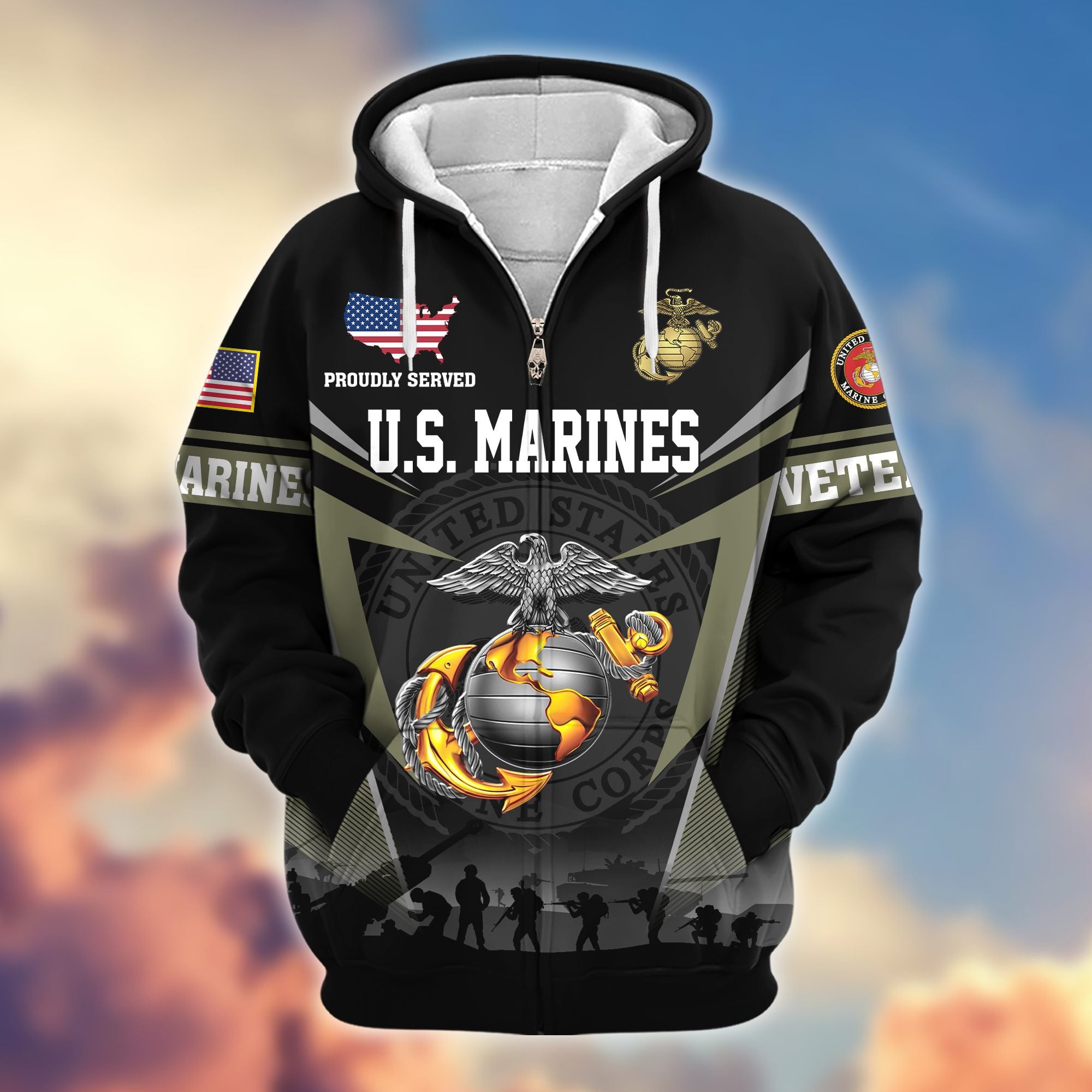 Premium US Veterans Zip Hoodie, Gifts For US Veterans, Gifts On Father's Day, Veterans Day.