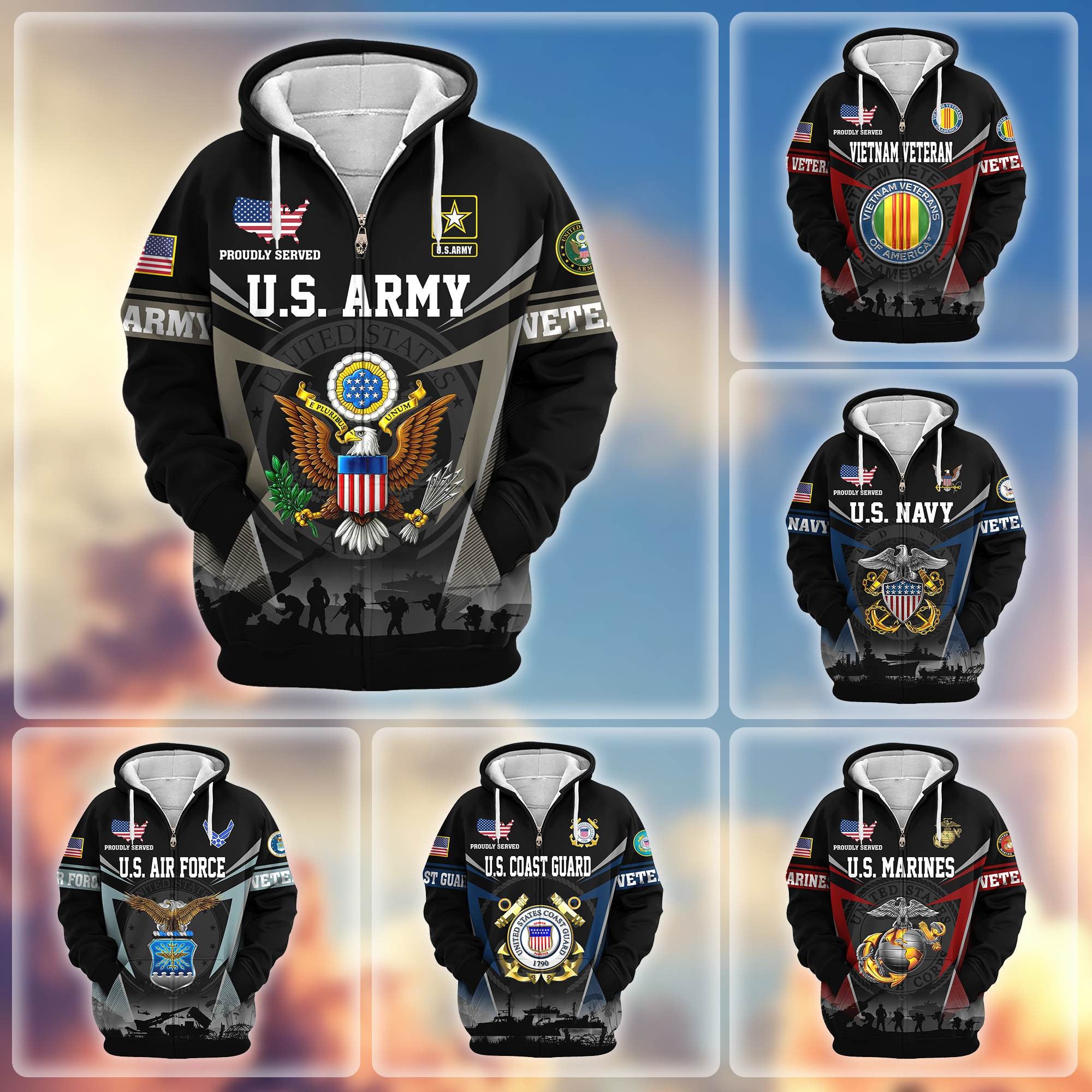 Premium US Veterans Zip Hoodie, Gifts For US Veterans, Gifts On Father's Day, Veterans Day.