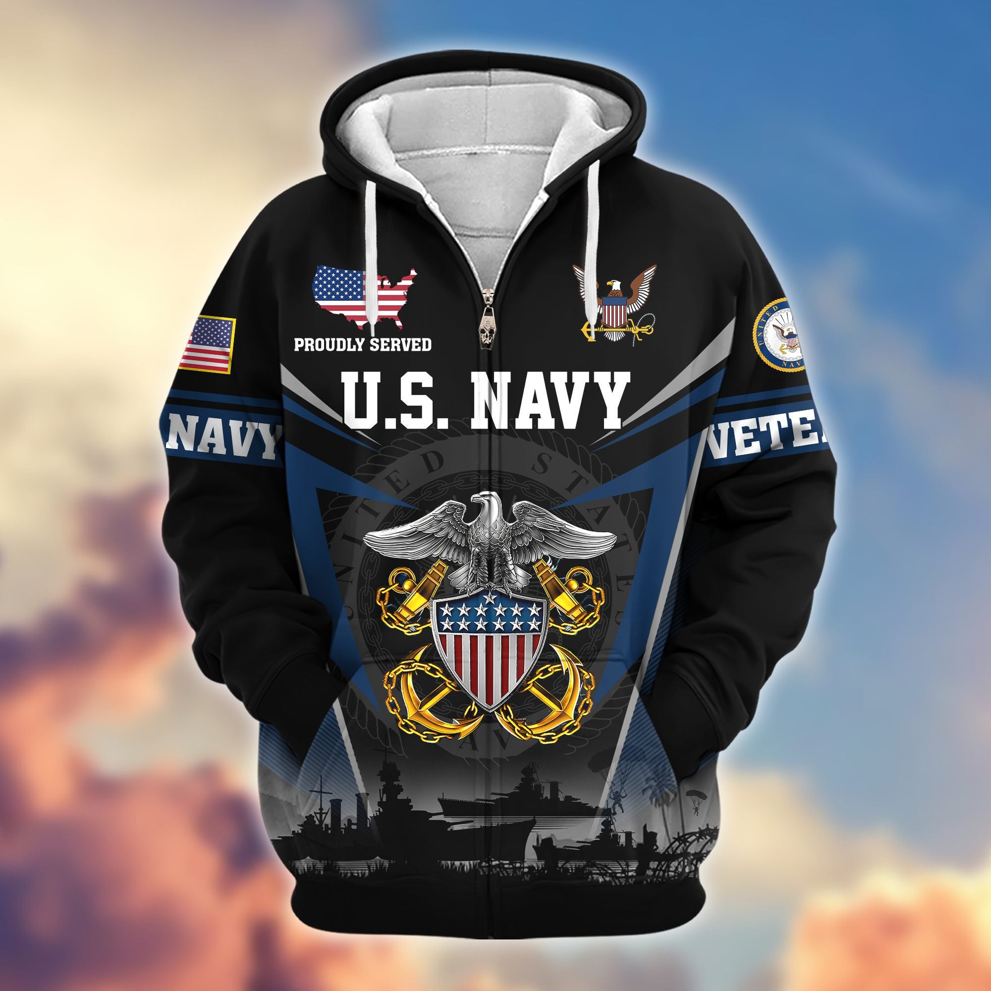 Premium US Veterans Zip Hoodie, Gifts For US Veterans, Gifts On Father's Day, Veterans Day.