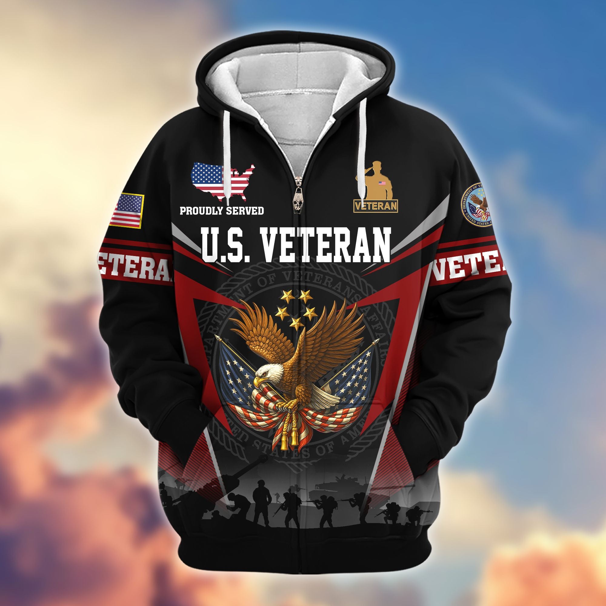 Premium US Veterans Zip Hoodie, Gifts For US Veterans, Gifts On Father's Day, Veterans Day.