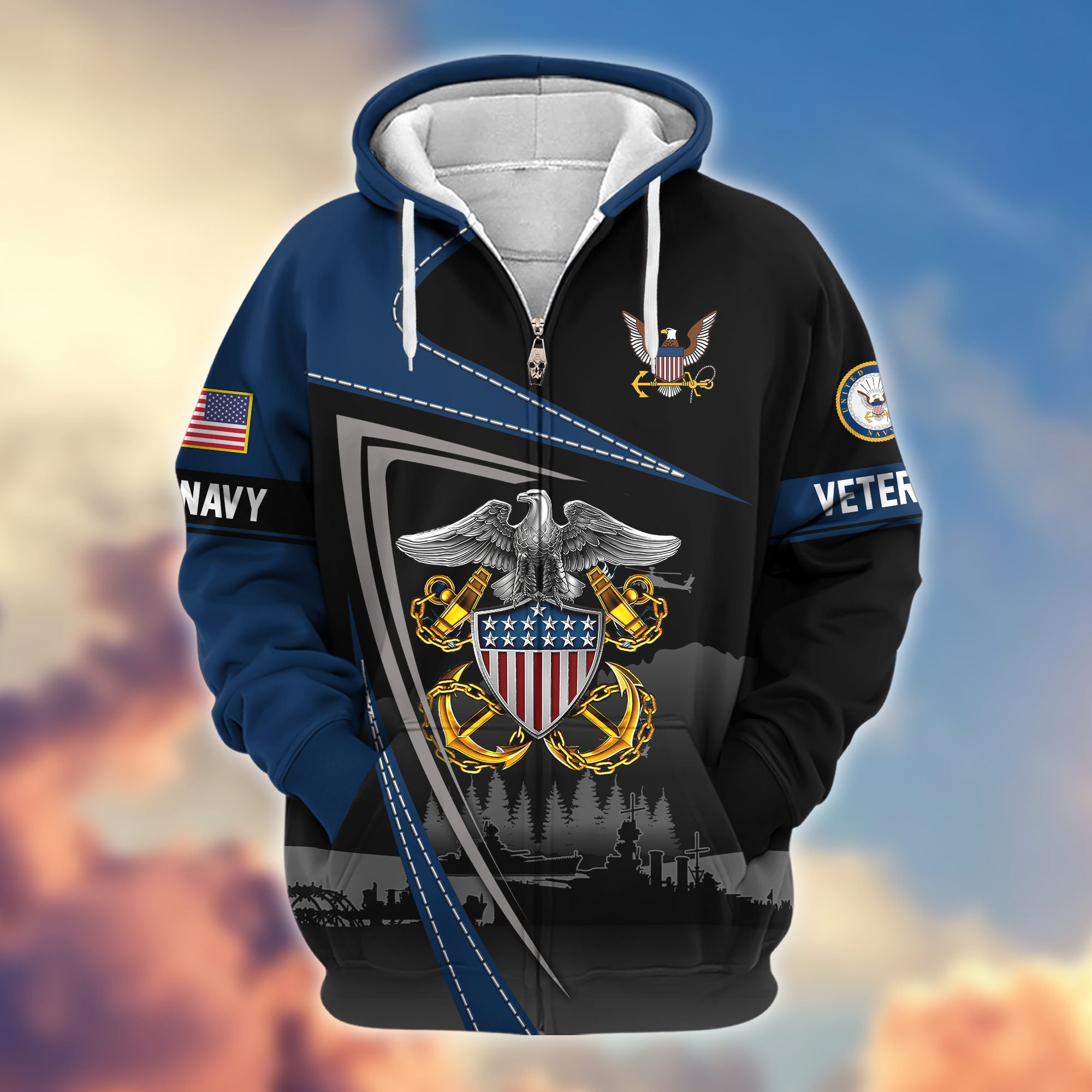 Premium US Veterans Zip Hoodie, Gifts For US Veterans, Gifts On Father's Day, Veterans Day.