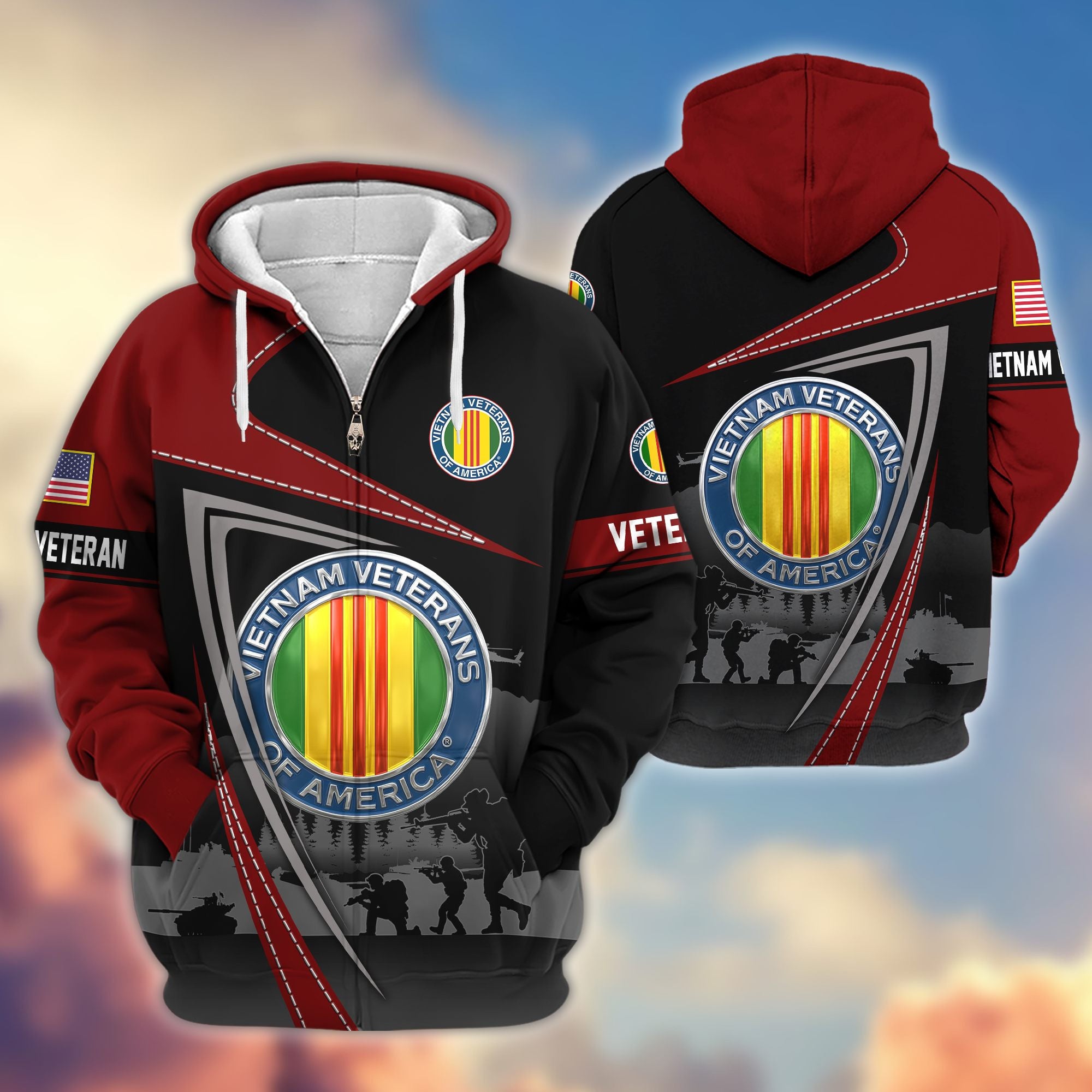 Premium US Veterans Zip Hoodie, Gifts For US Veterans, Gifts On Father's Day, Veterans Day.