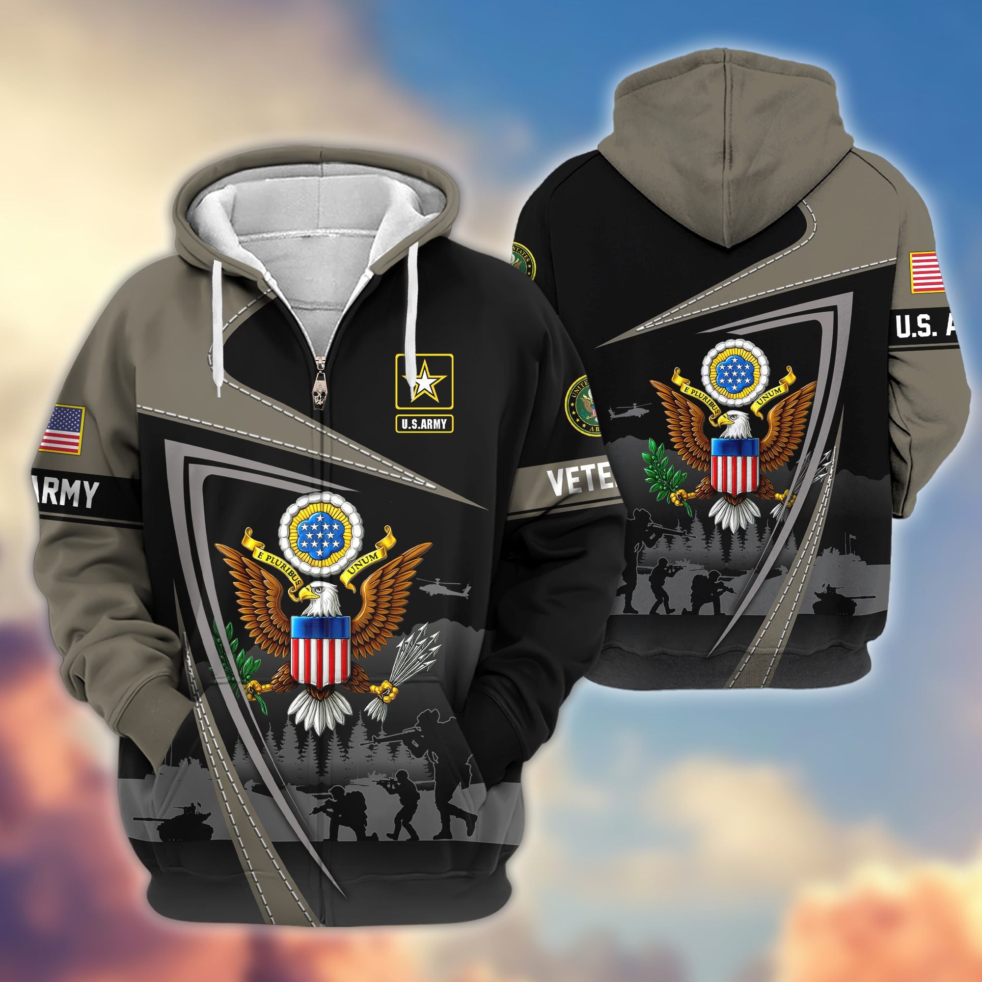 Premium US Veterans Zip Hoodie, Gifts For US Veterans, Gifts On Father's Day, Veterans Day.