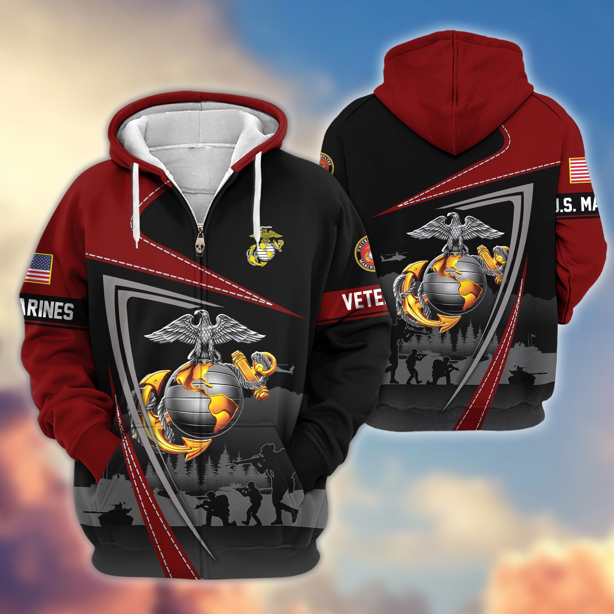 Premium US Veterans Zip Hoodie, Gifts For US Veterans, Gifts On Father's Day, Veterans Day.