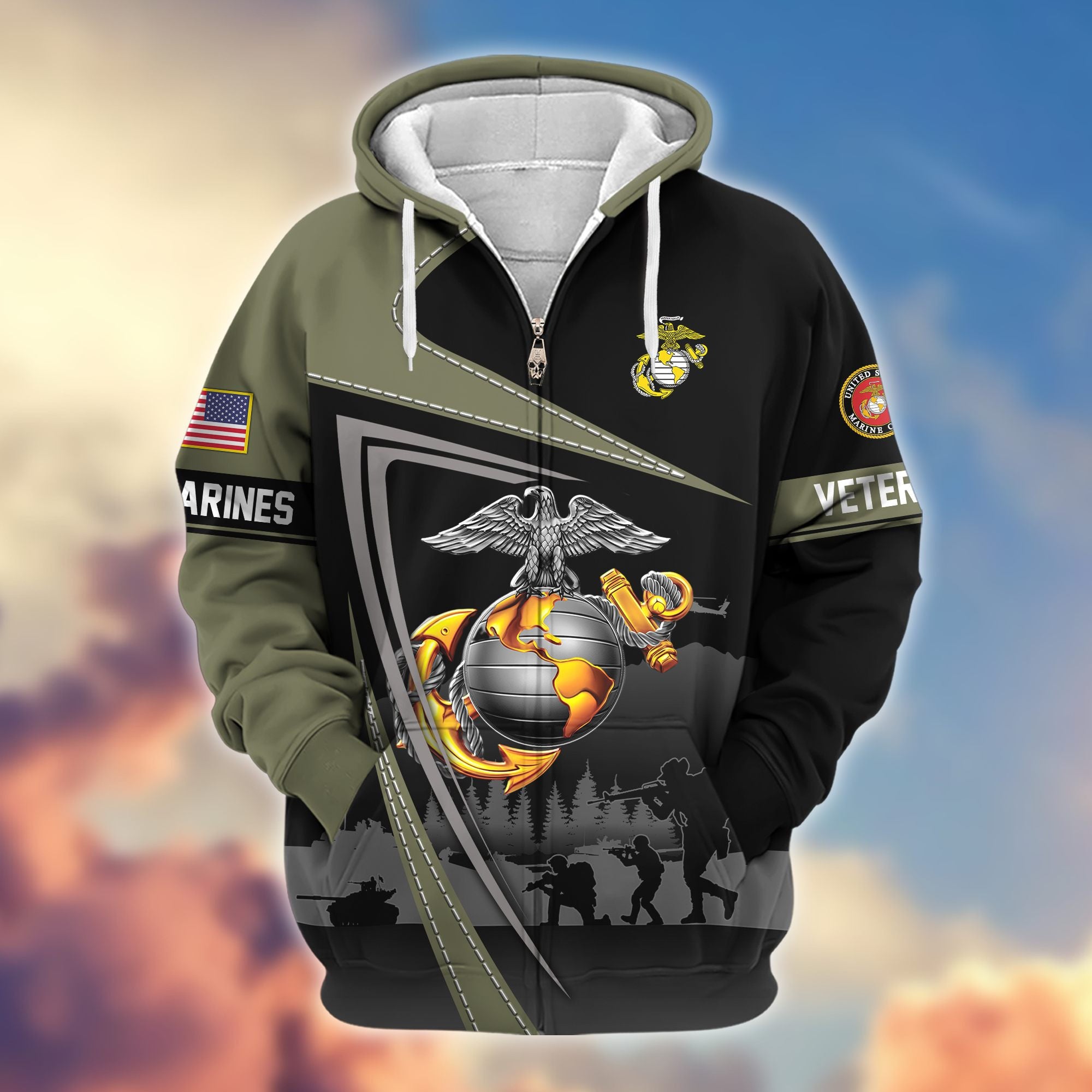 Premium US Veterans Zip Hoodie, Gifts For US Veterans, Gifts On Father's Day, Veterans Day.