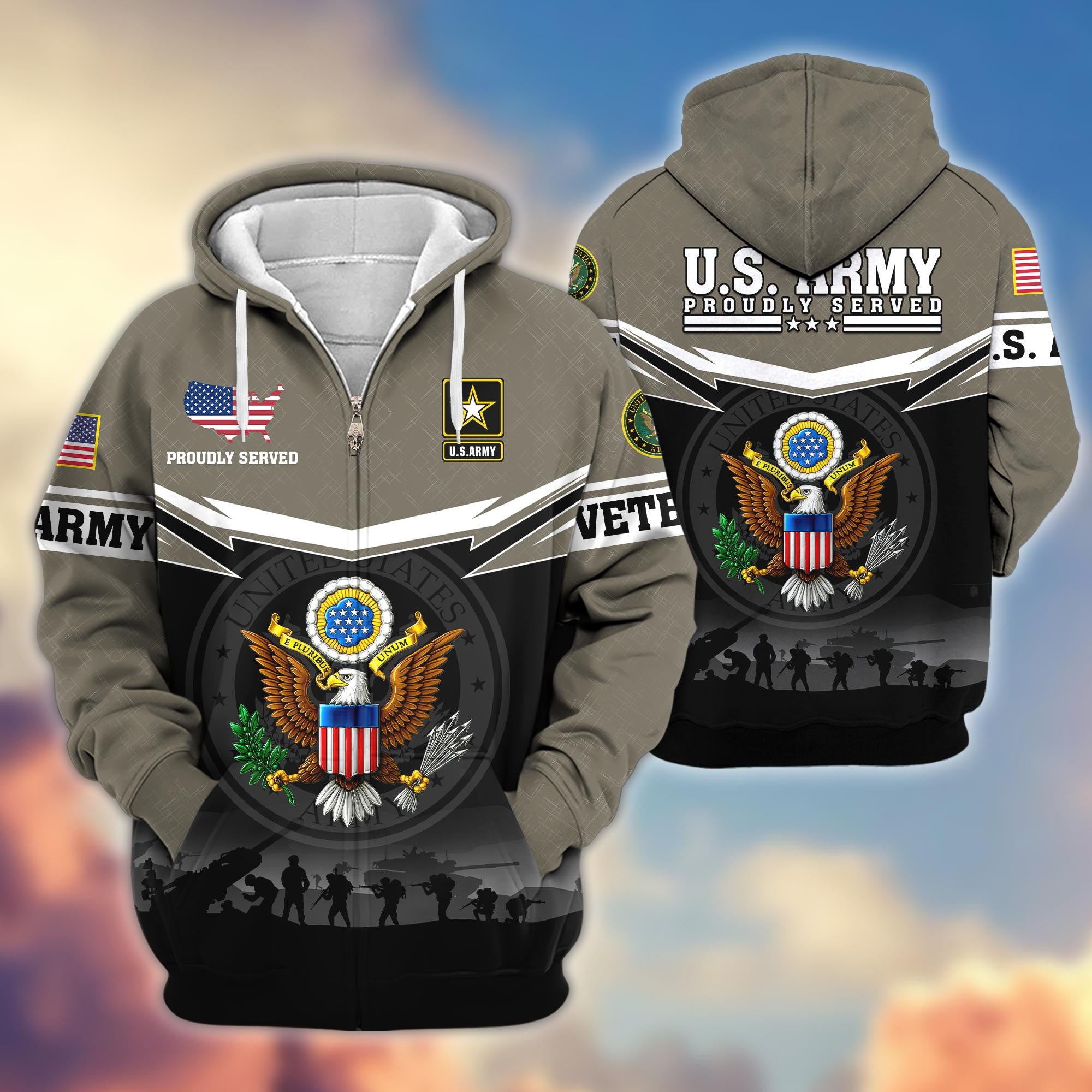 Premium US Veterans Zip Hoodie, Gifts For US Veterans, Gifts On Father's Day, Veterans Day.