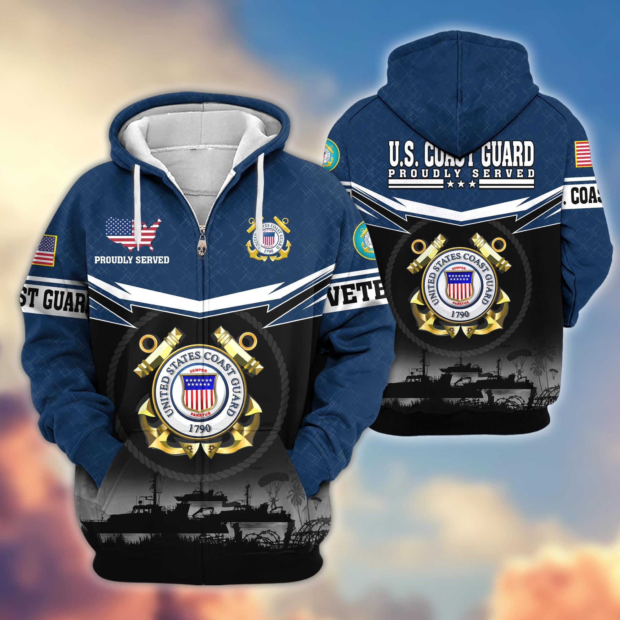 Premium US Veterans Zip Hoodie, Gifts For US Veterans, Gifts On Father's Day, Veterans Day.