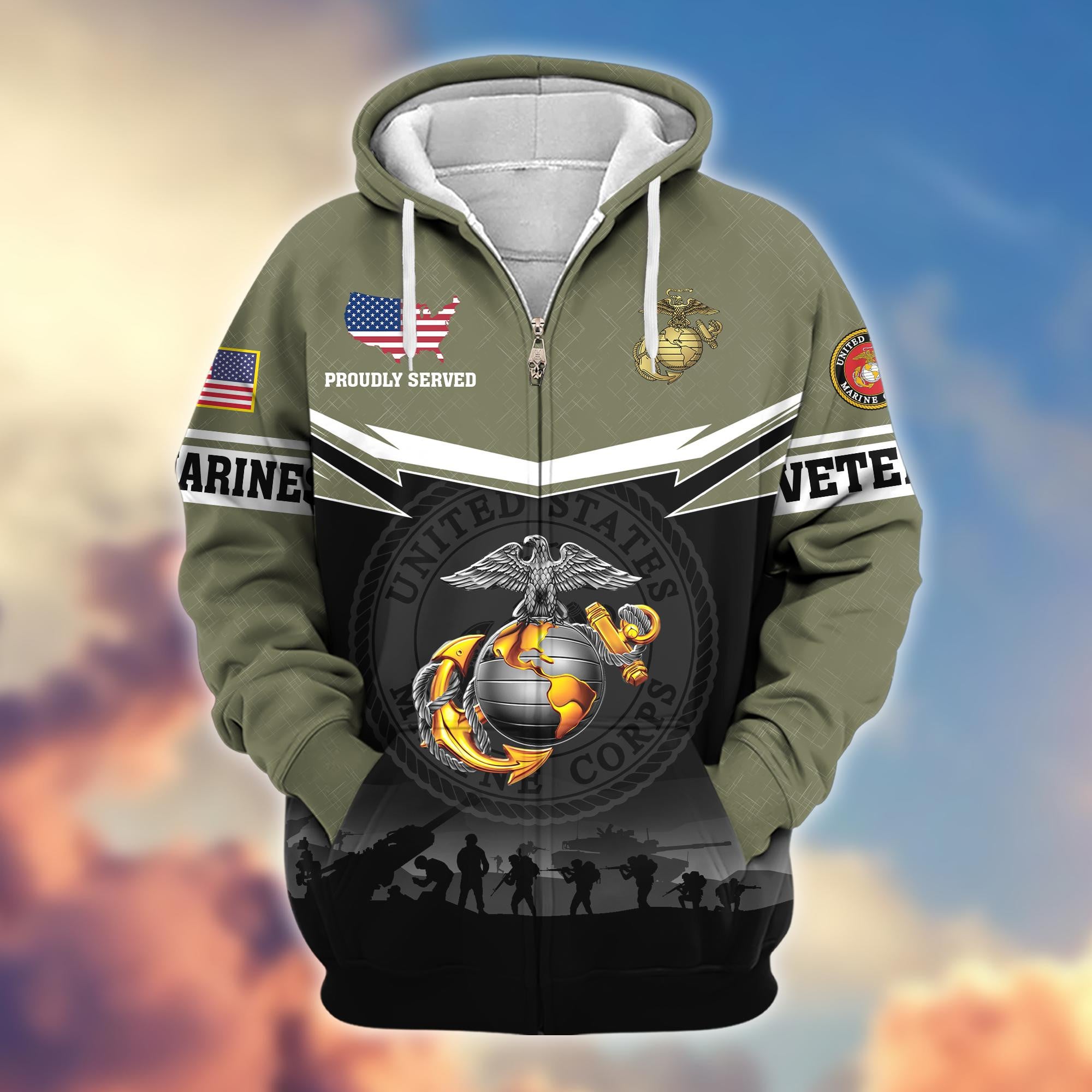 Premium US Veterans Zip Hoodie, Gifts For US Veterans, Gifts On Father's Day, Veterans Day.