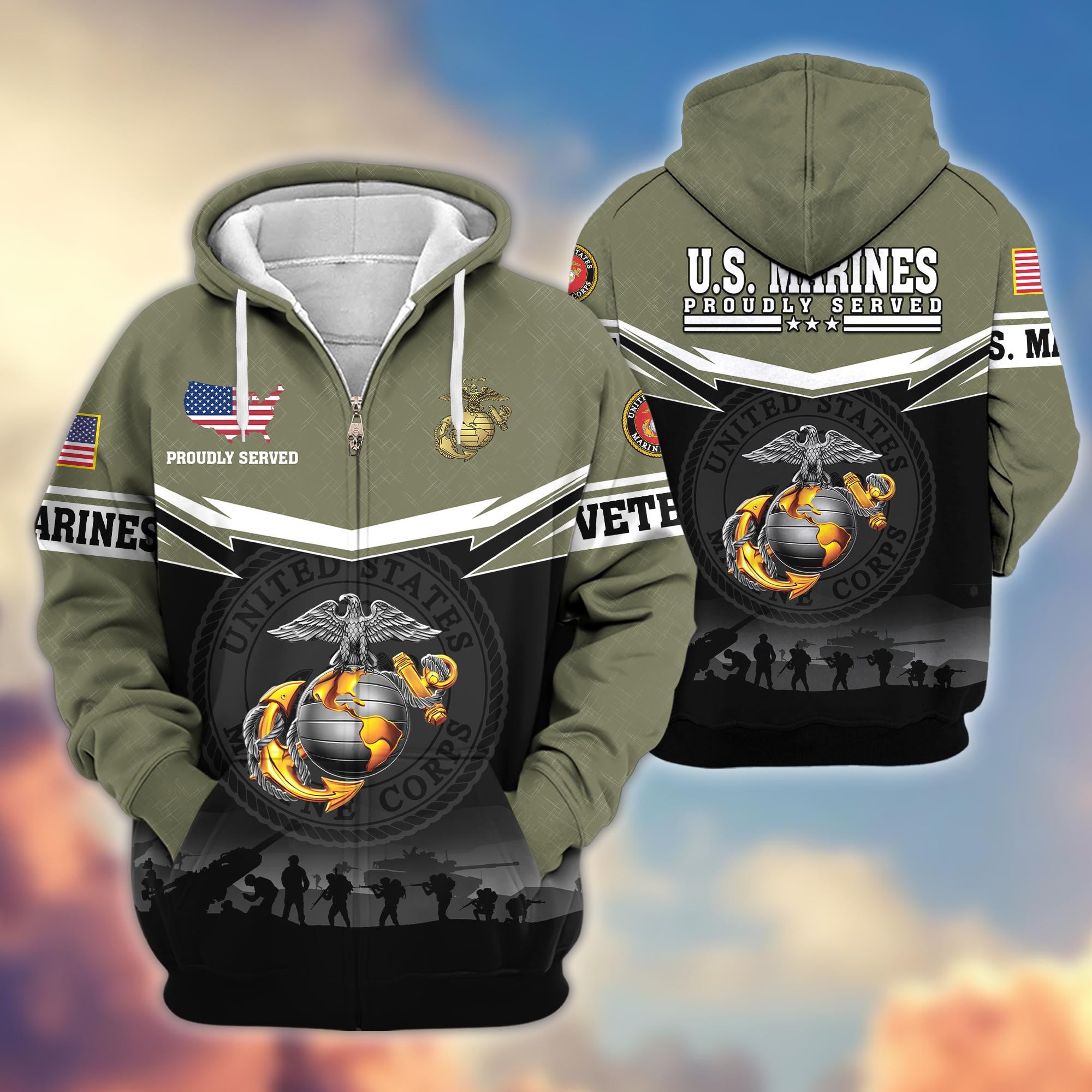 Premium US Veterans Zip Hoodie, Gifts For US Veterans, Gifts On Father's Day, Veterans Day.