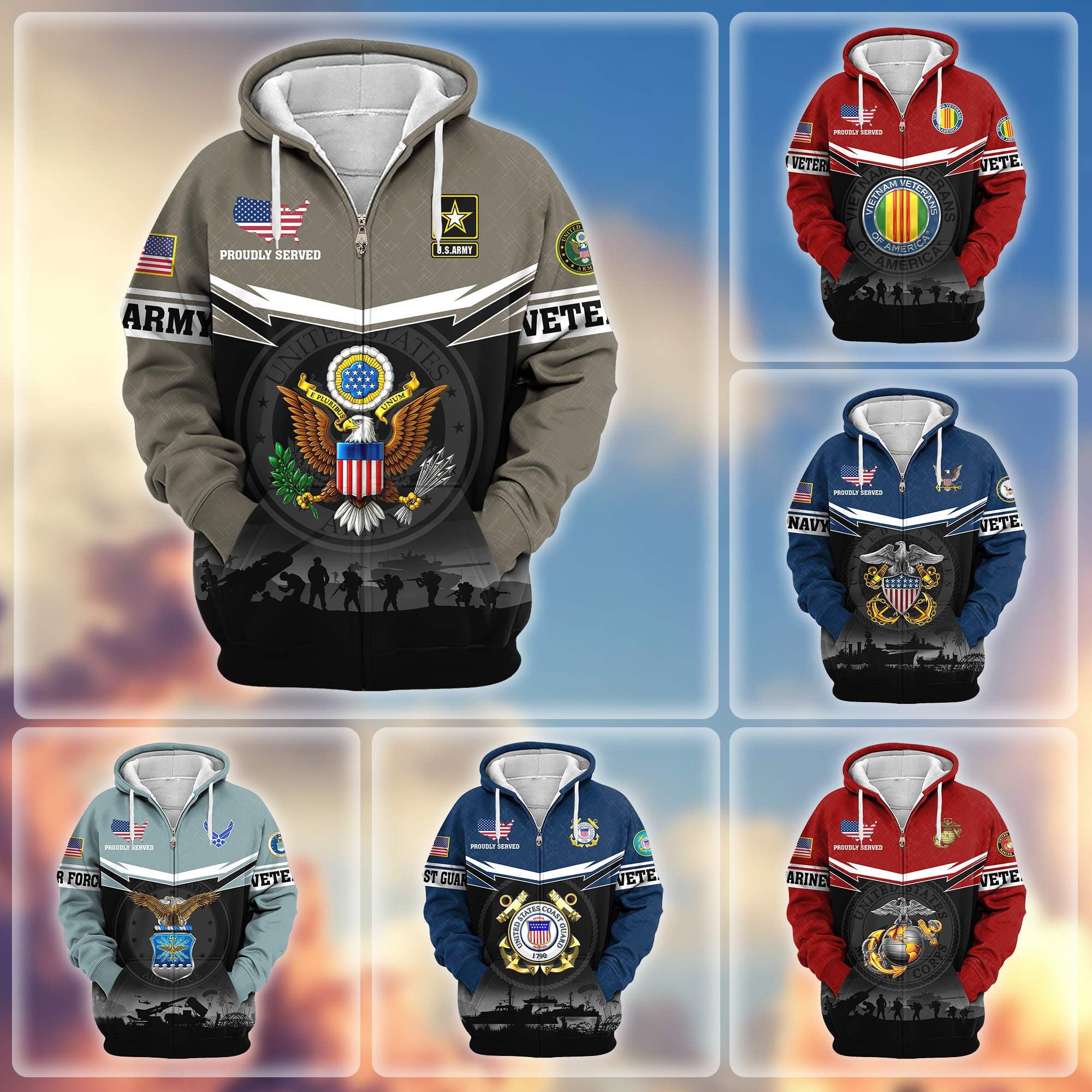 Premium US Veterans Zip Hoodie, Gifts For US Veterans, Gifts On Father's Day, Veterans Day.