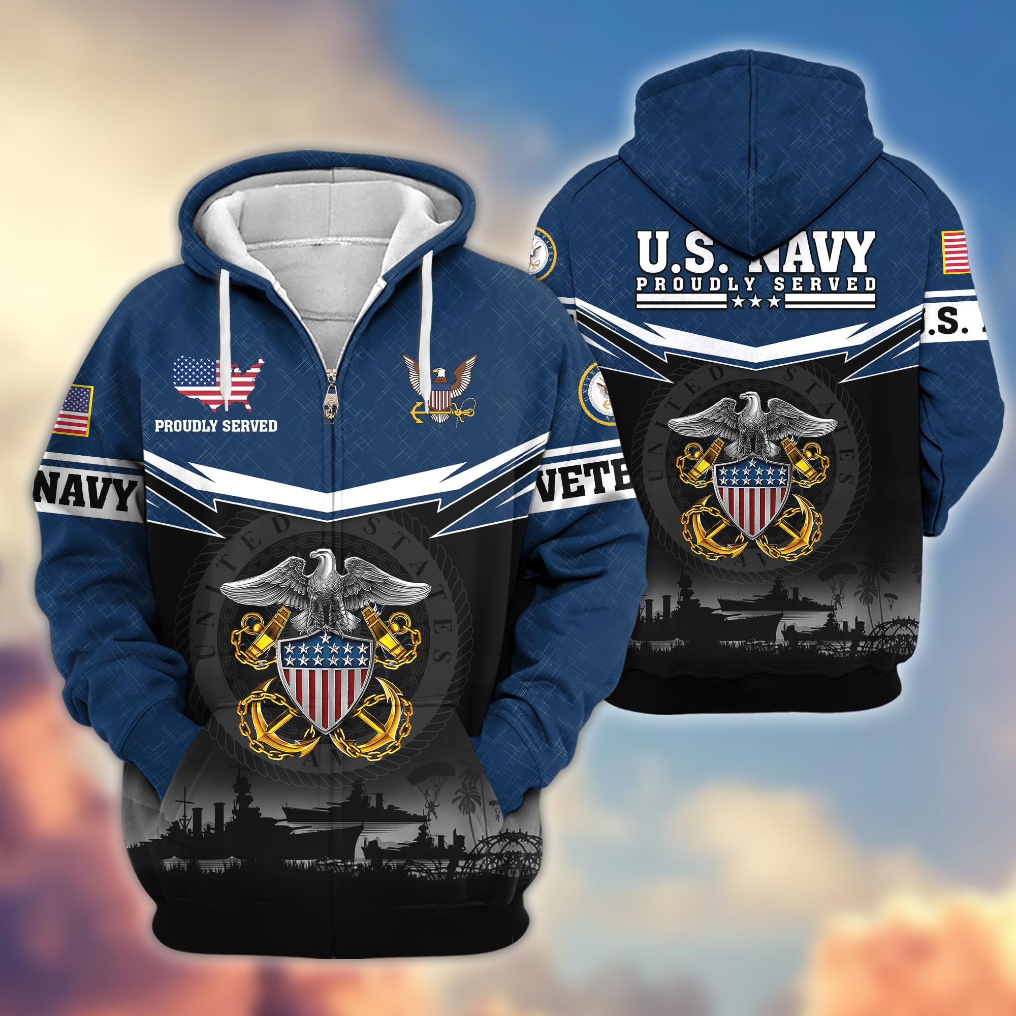 Premium US Veterans Zip Hoodie, Gifts For US Veterans, Gifts On Father's Day, Veterans Day.