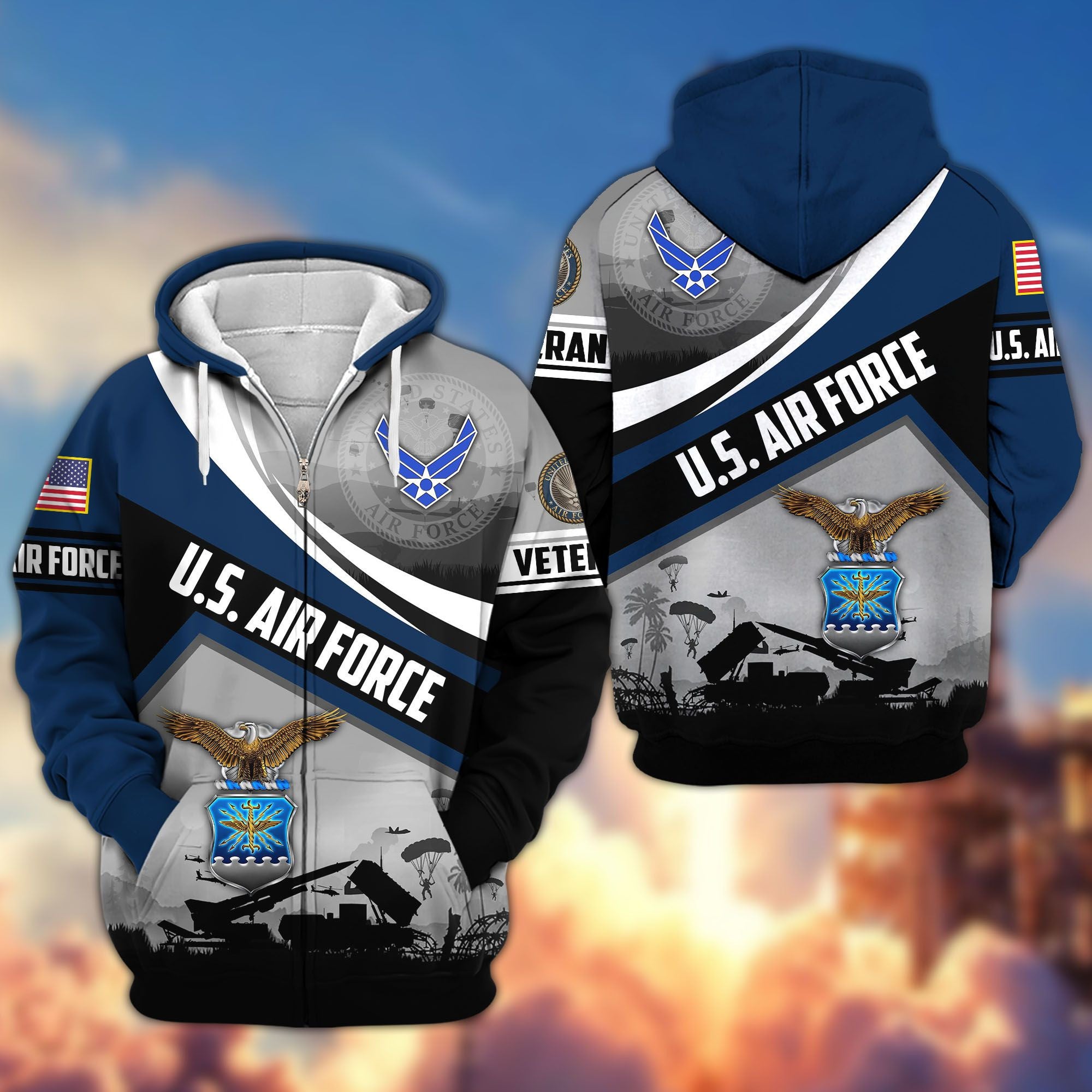Premium US Veterans Zip Hoodie, Gifts For US Veterans, Gifts On Father's Day, Veterans Day.