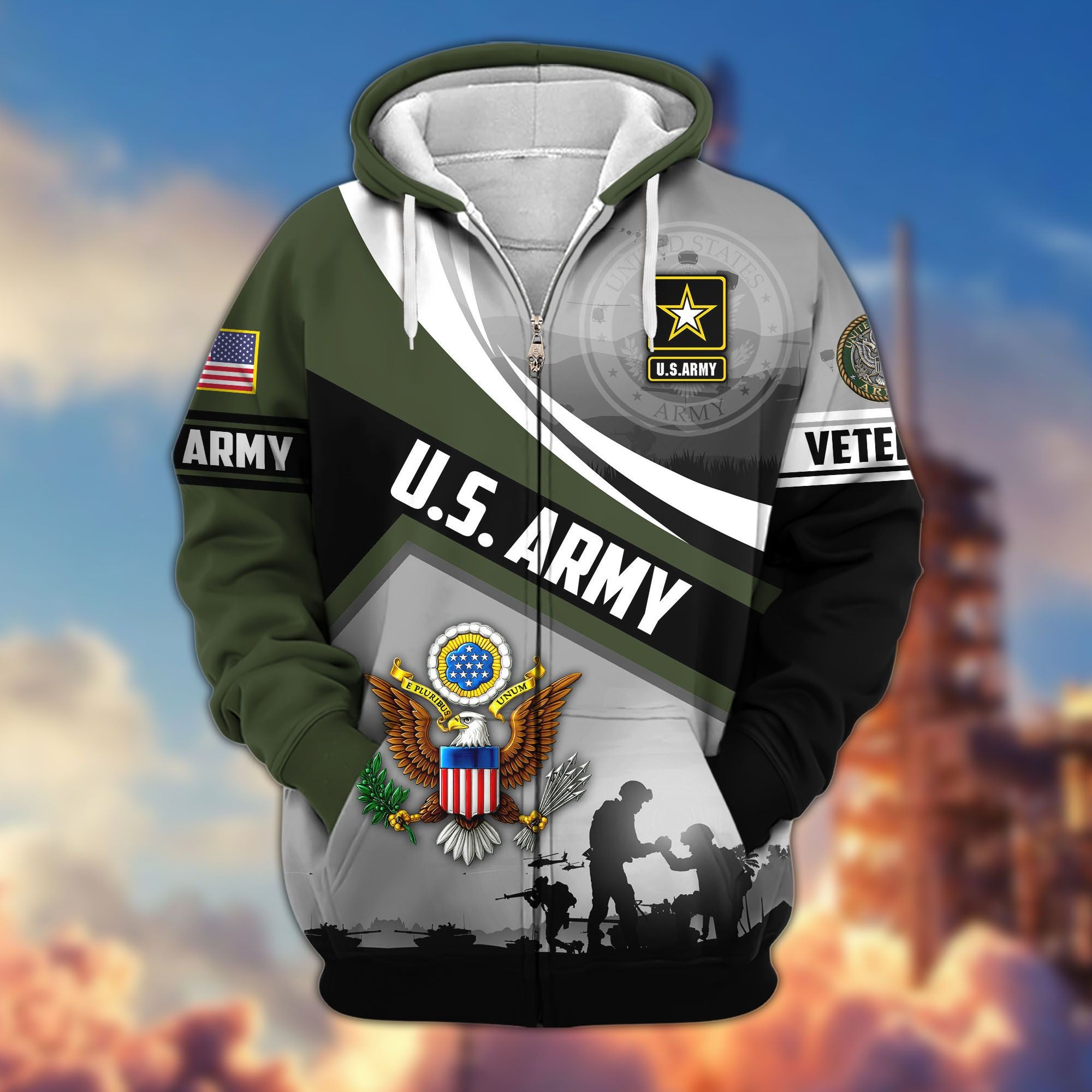 Premium US Veterans Zip Hoodie, Gifts For US Veterans, Gifts On Father's Day, Veterans Day.