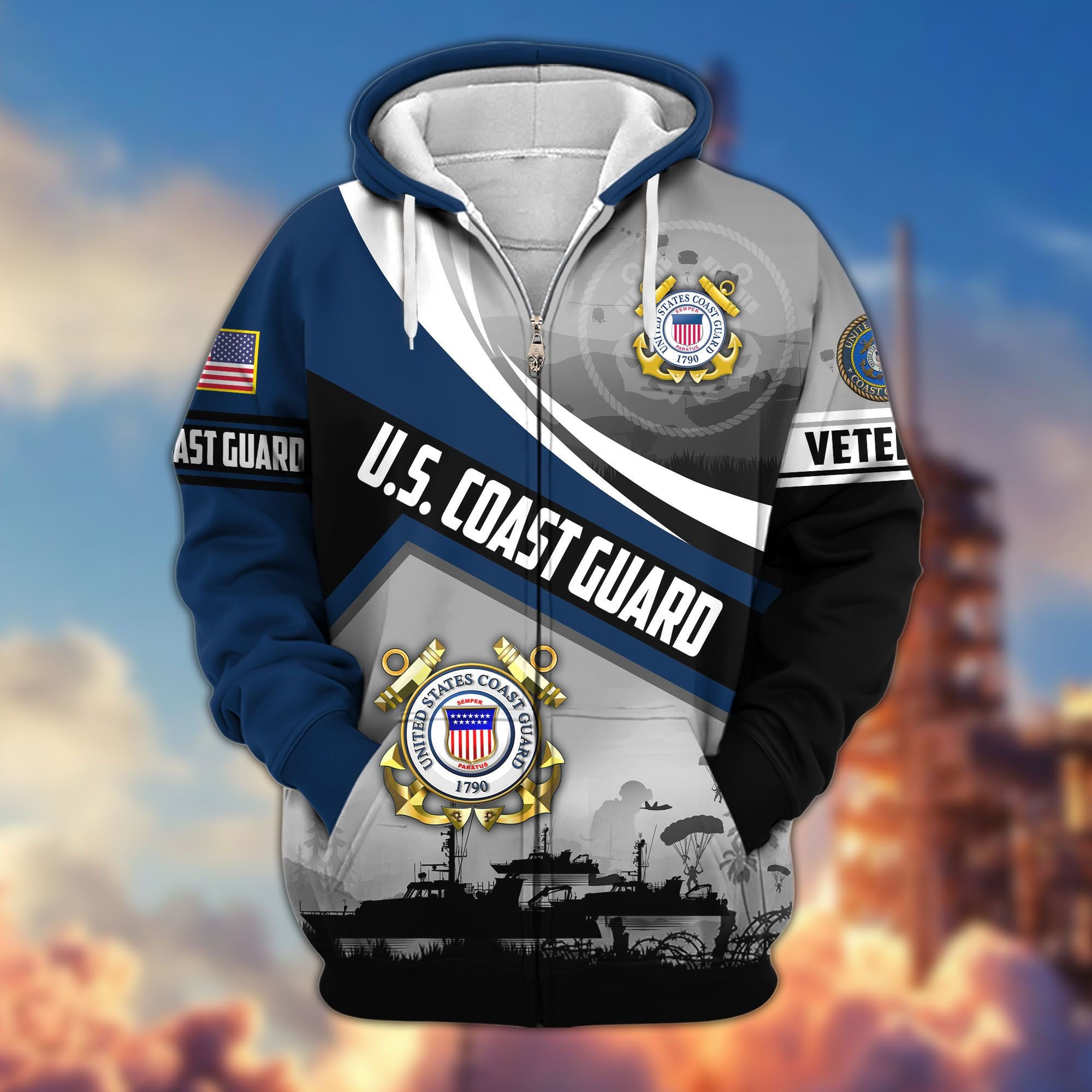 Premium US Veterans Zip Hoodie, Gifts For US Veterans, Gifts On Father's Day, Veterans Day.