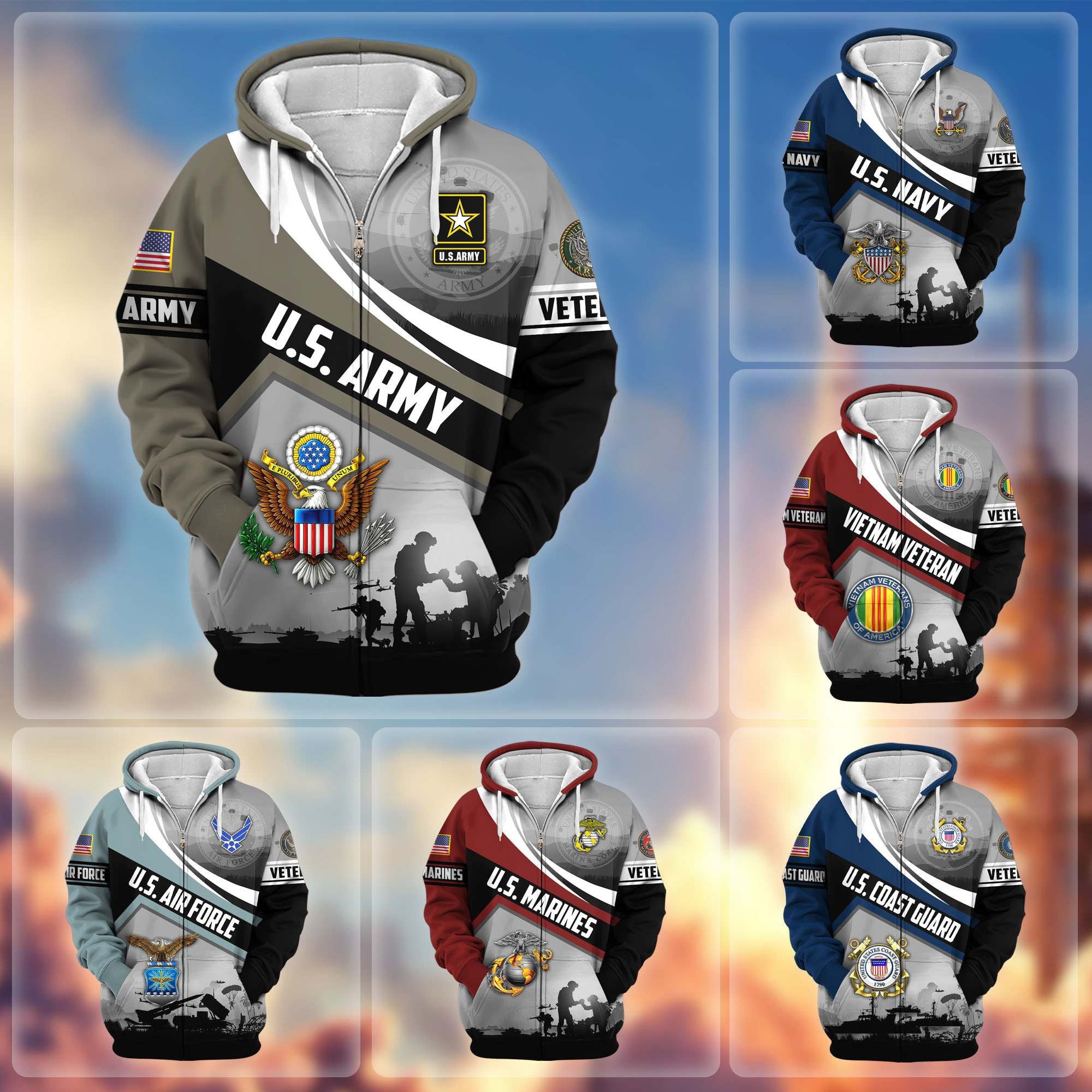 Premium US Veterans Zip Hoodie, Gifts For US Veterans, Gifts On Father's Day, Veterans Day.