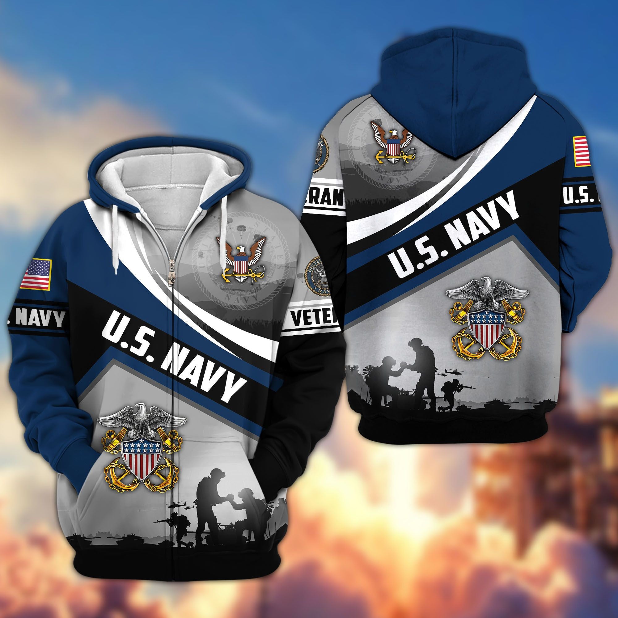 Premium US Veterans Zip Hoodie, Gifts For US Veterans, Gifts On Father's Day, Veterans Day.