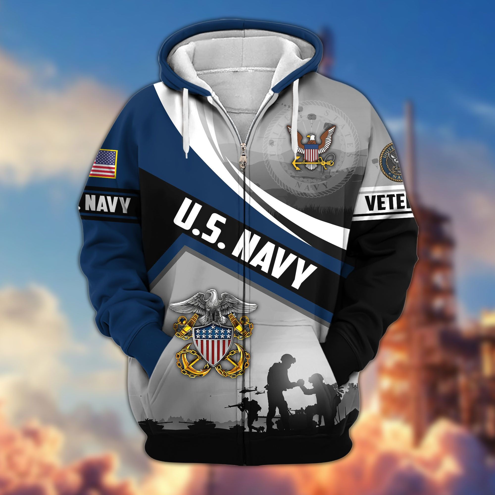 Premium US Veterans Zip Hoodie, Gifts For US Veterans, Gifts On Father's Day, Veterans Day.