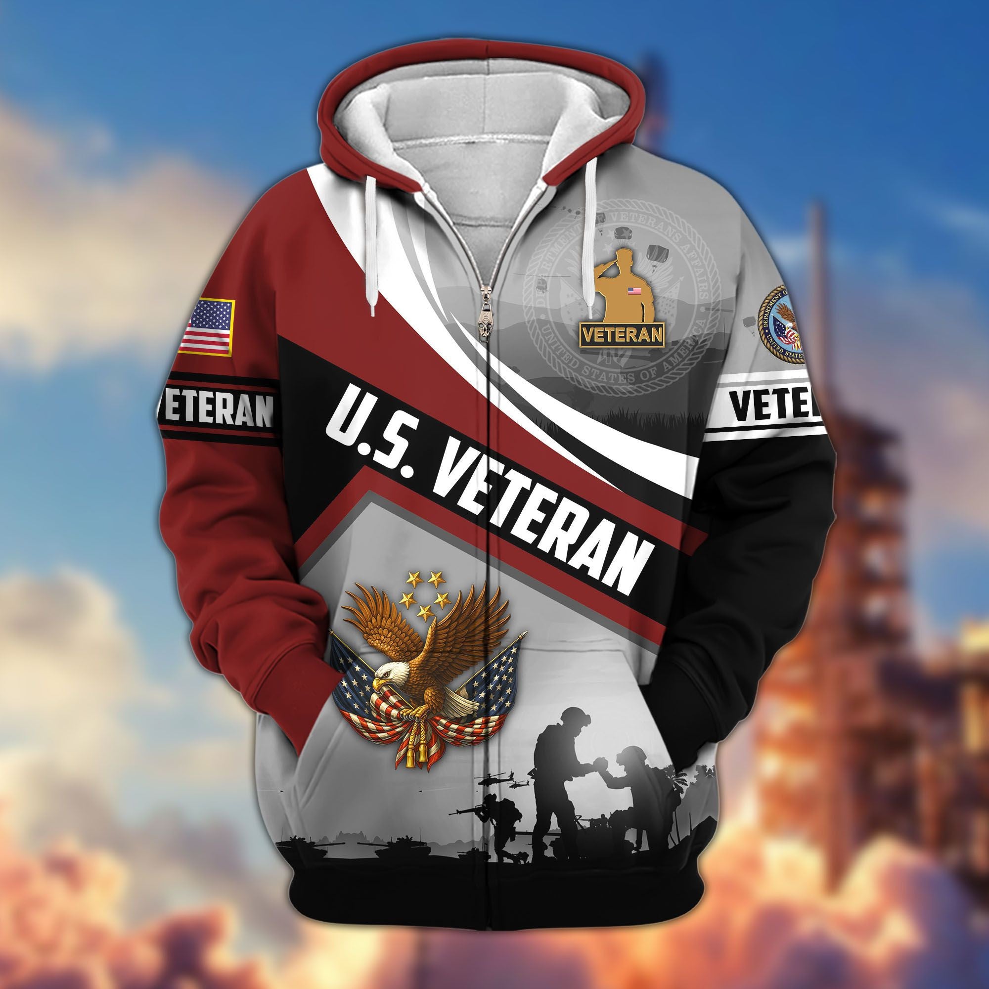 Premium US Veterans Zip Hoodie, Gifts For US Veterans, Gifts On Father's Day, Veterans Day.