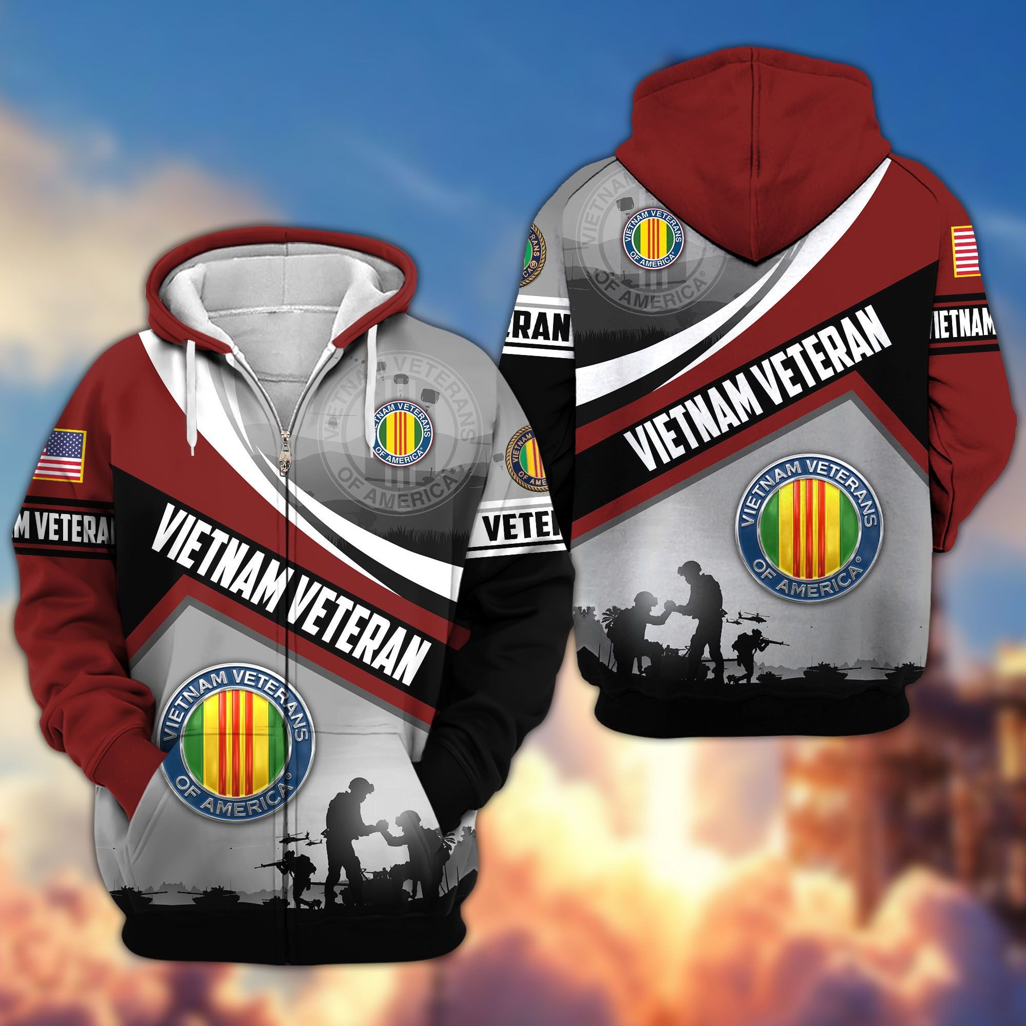 Premium US Veterans Zip Hoodie, Gifts For US Veterans, Gifts On Father's Day, Veterans Day.