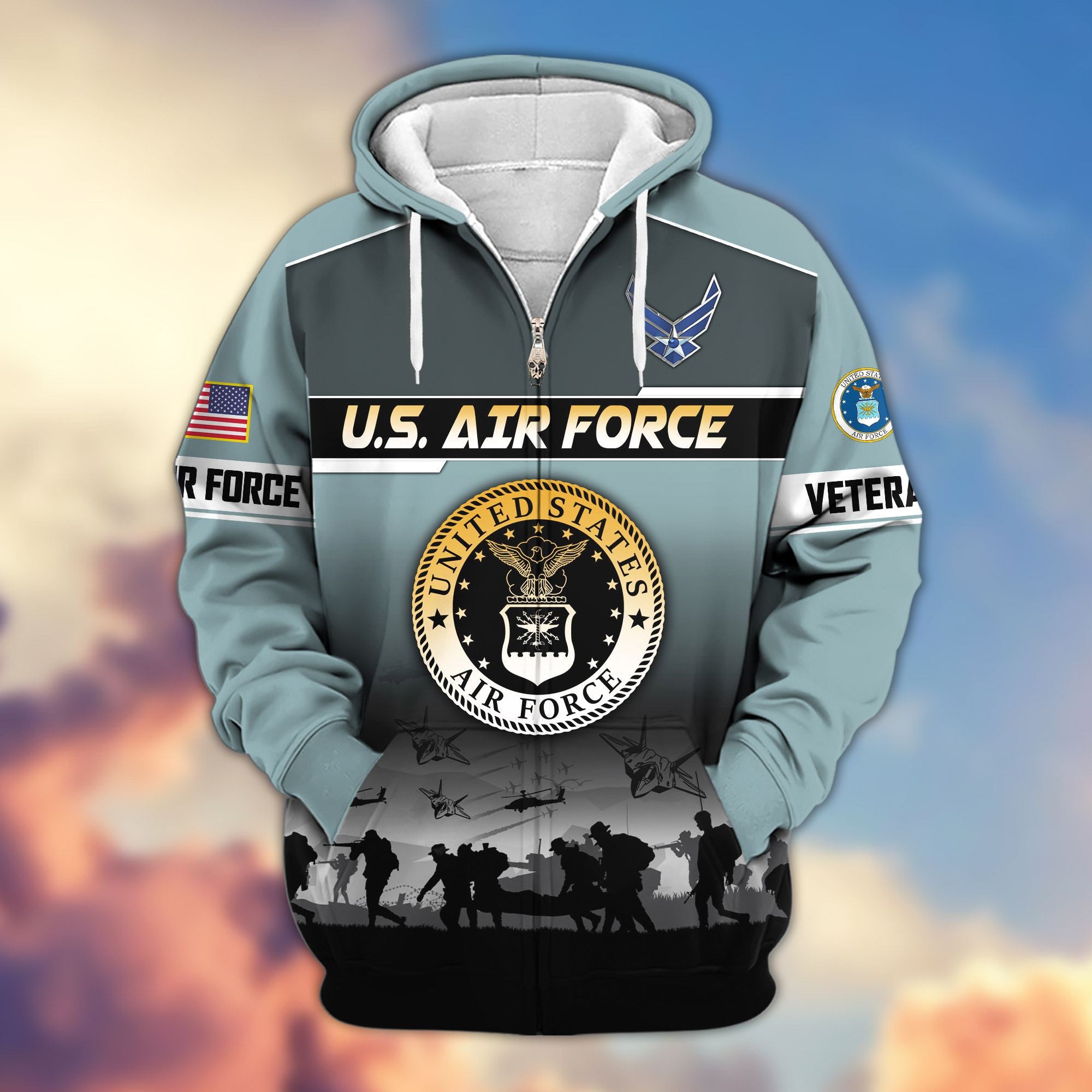 Premium US Veterans Zip Hoodie, Gifts For US Veterans, Gifts On Father's Day, Veterans Day.