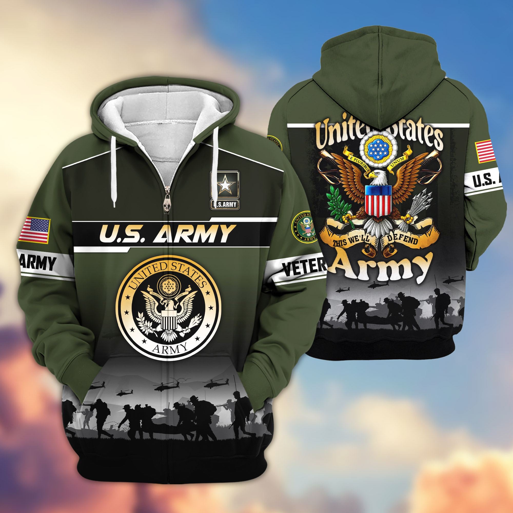 Premium US Veterans Zip Hoodie, Gifts For US Veterans, Gifts On Father's Day, Veterans Day.