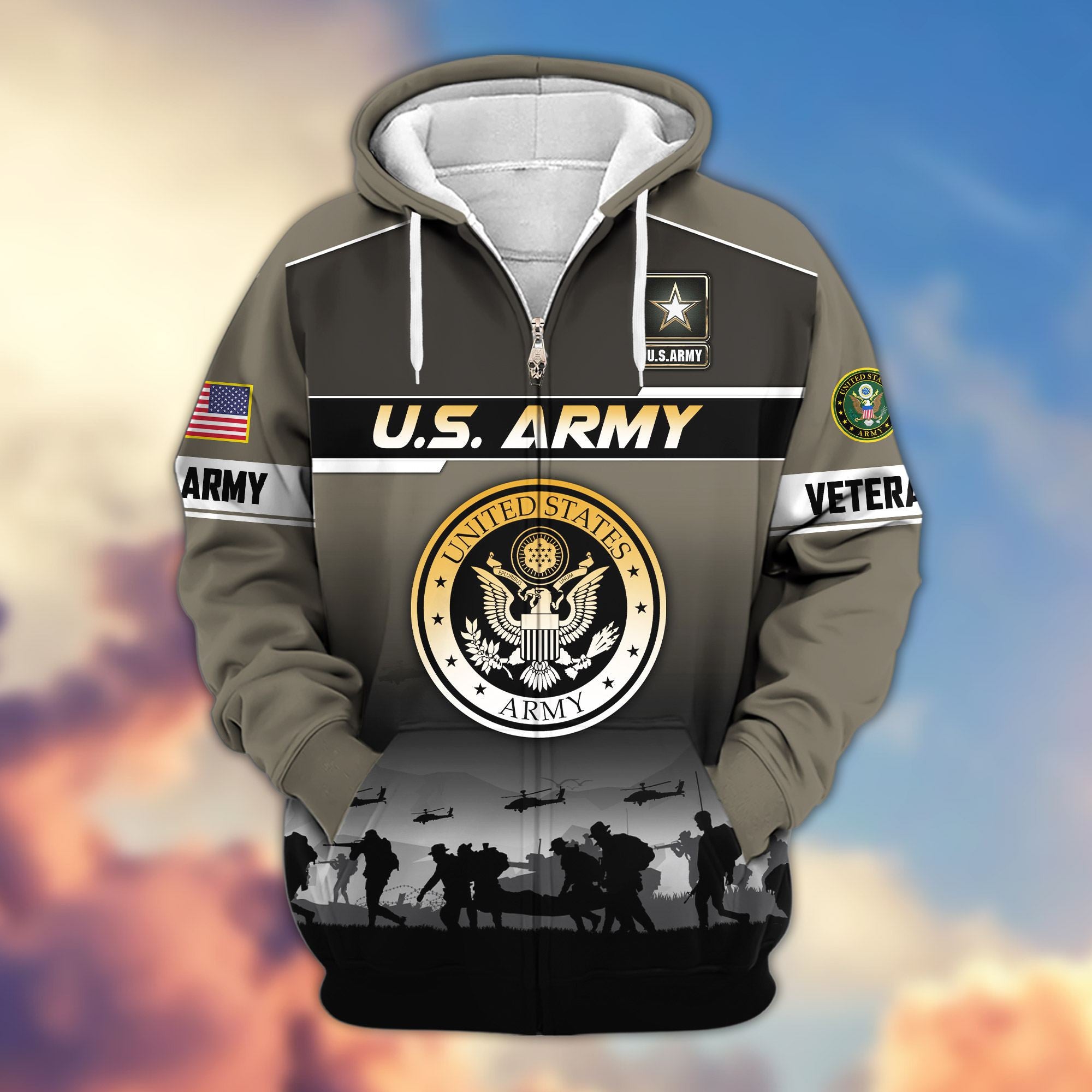 Premium US Veterans Zip Hoodie, Gifts For US Veterans, Gifts On Father's Day, Veterans Day.