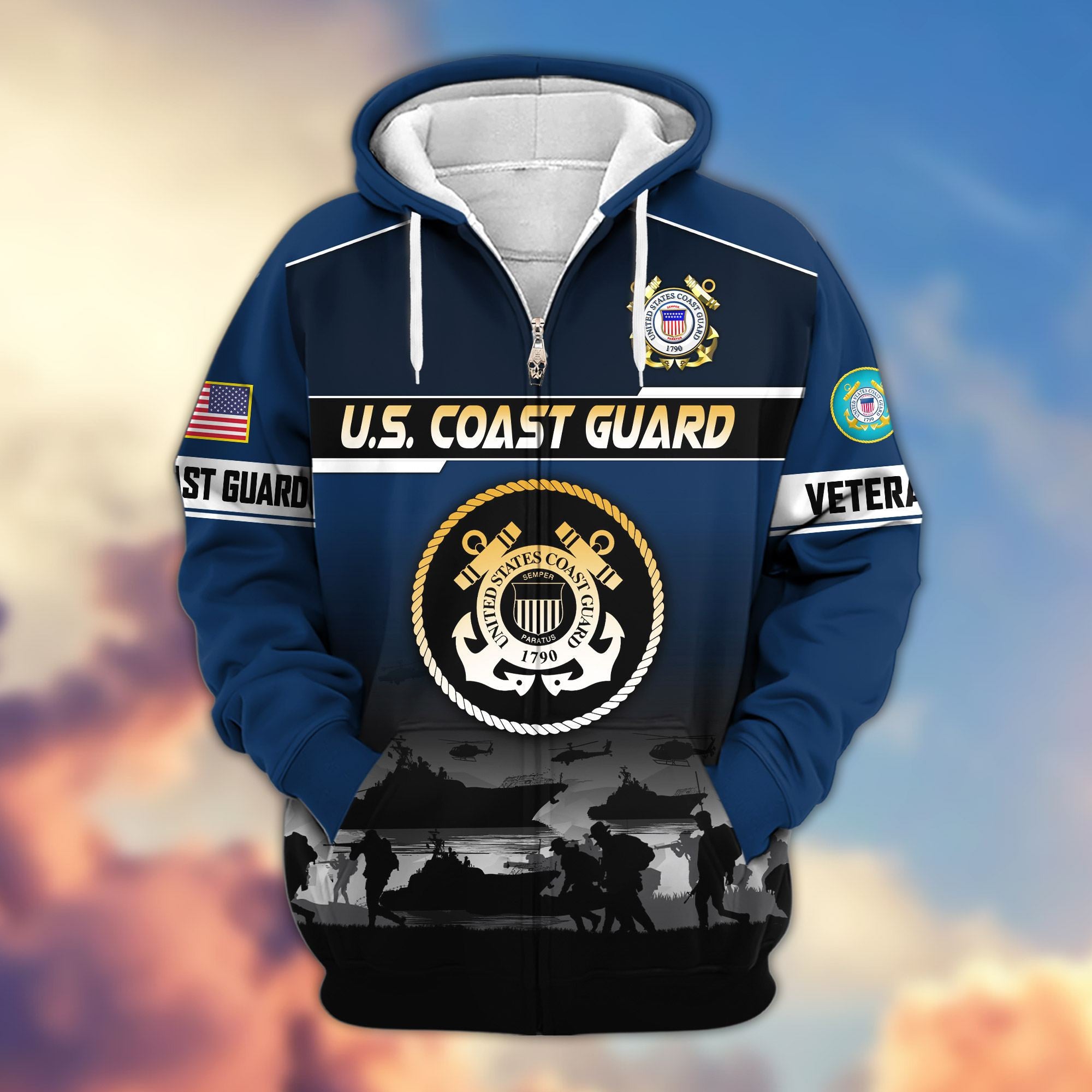 Premium US Veterans Zip Hoodie, Gifts For US Veterans, Gifts On Father's Day, Veterans Day.