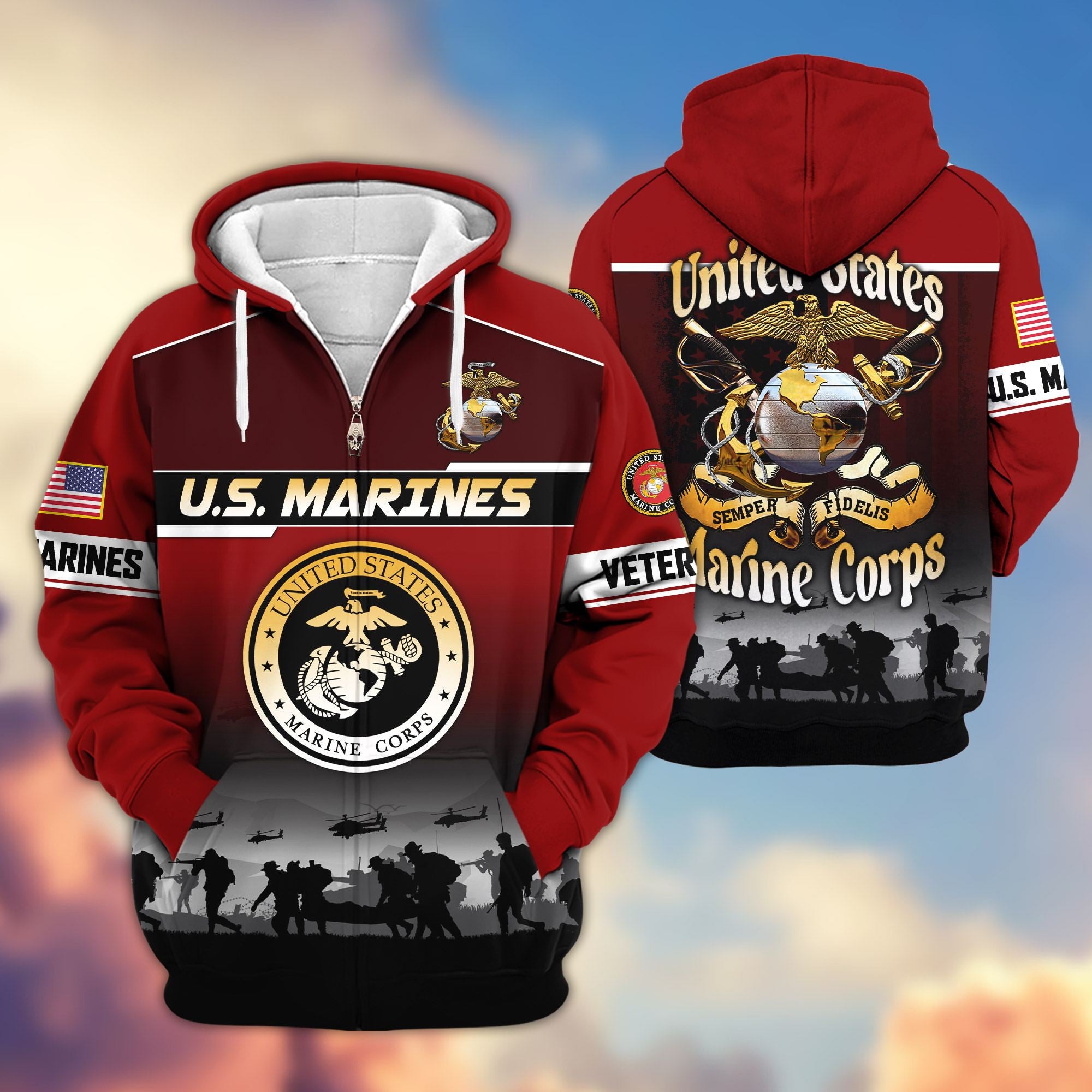 Premium US Veterans Zip Hoodie, Gifts For US Veterans, Gifts On Father's Day, Veterans Day.
