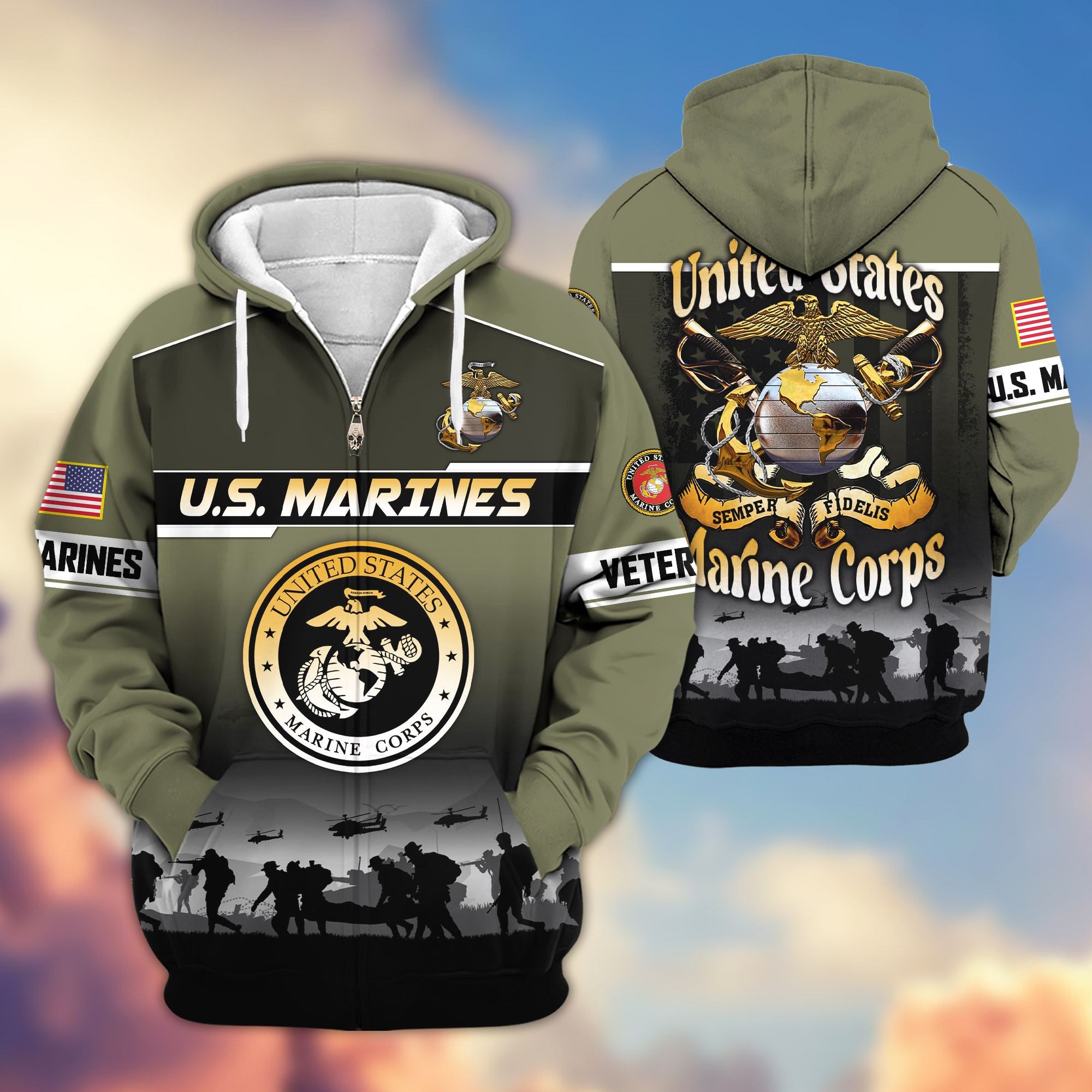 Premium US Veterans Zip Hoodie, Gifts For US Veterans, Gifts On Father's Day, Veterans Day.