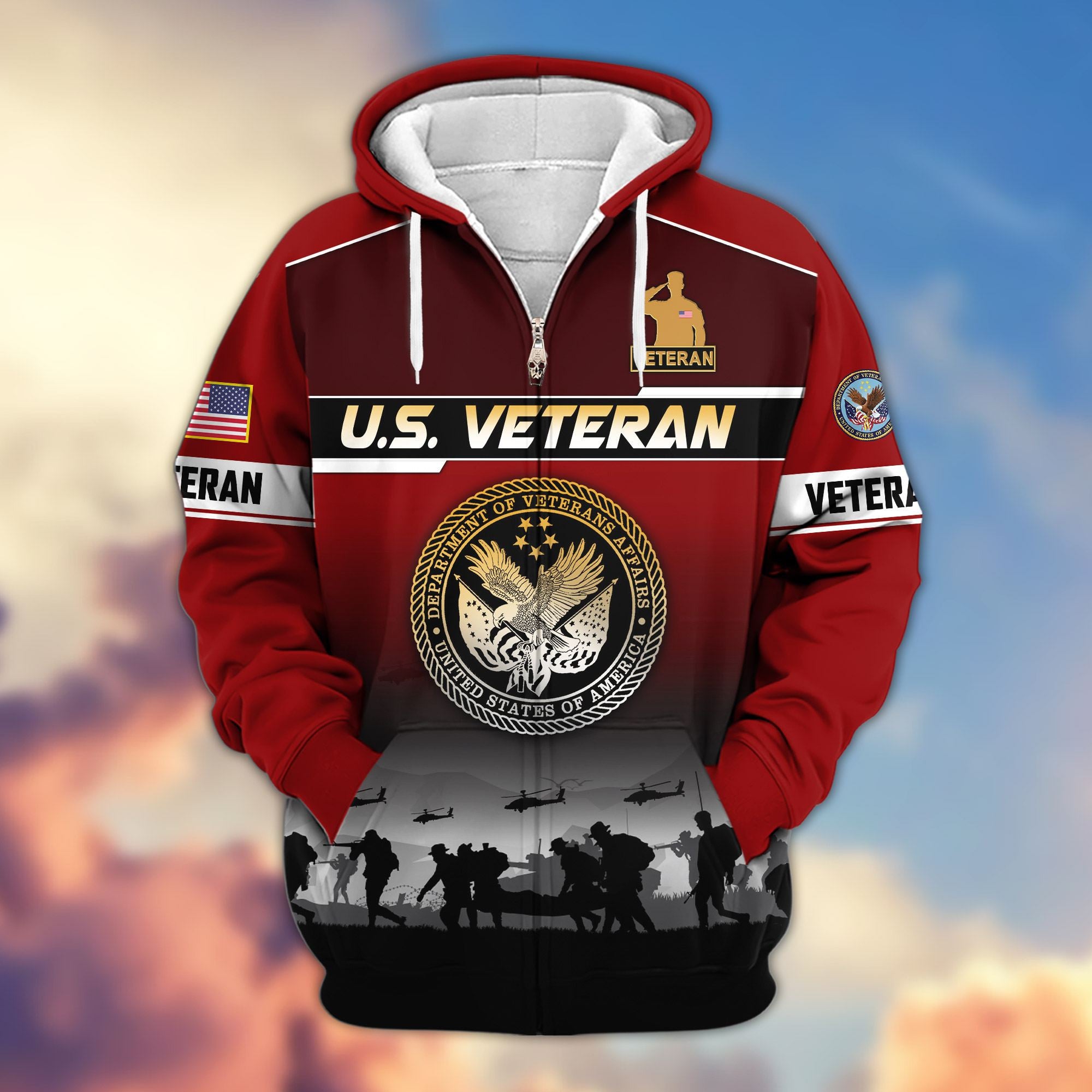 Premium US Veterans Zip Hoodie, Gifts For US Veterans, Gifts On Father's Day, Veterans Day.