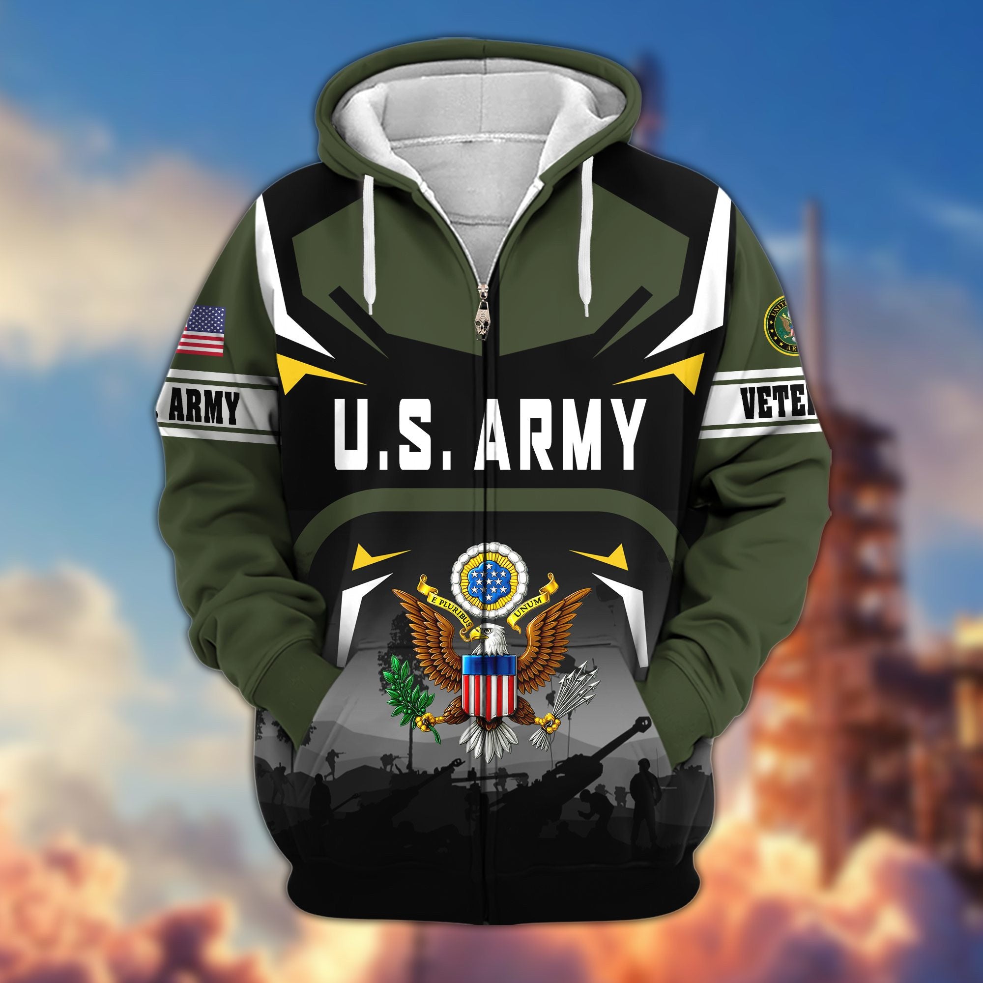 Premium US Veterans Zip Hoodie, Gifts For US Veterans, Gifts On Father's Day, Veterans Day.