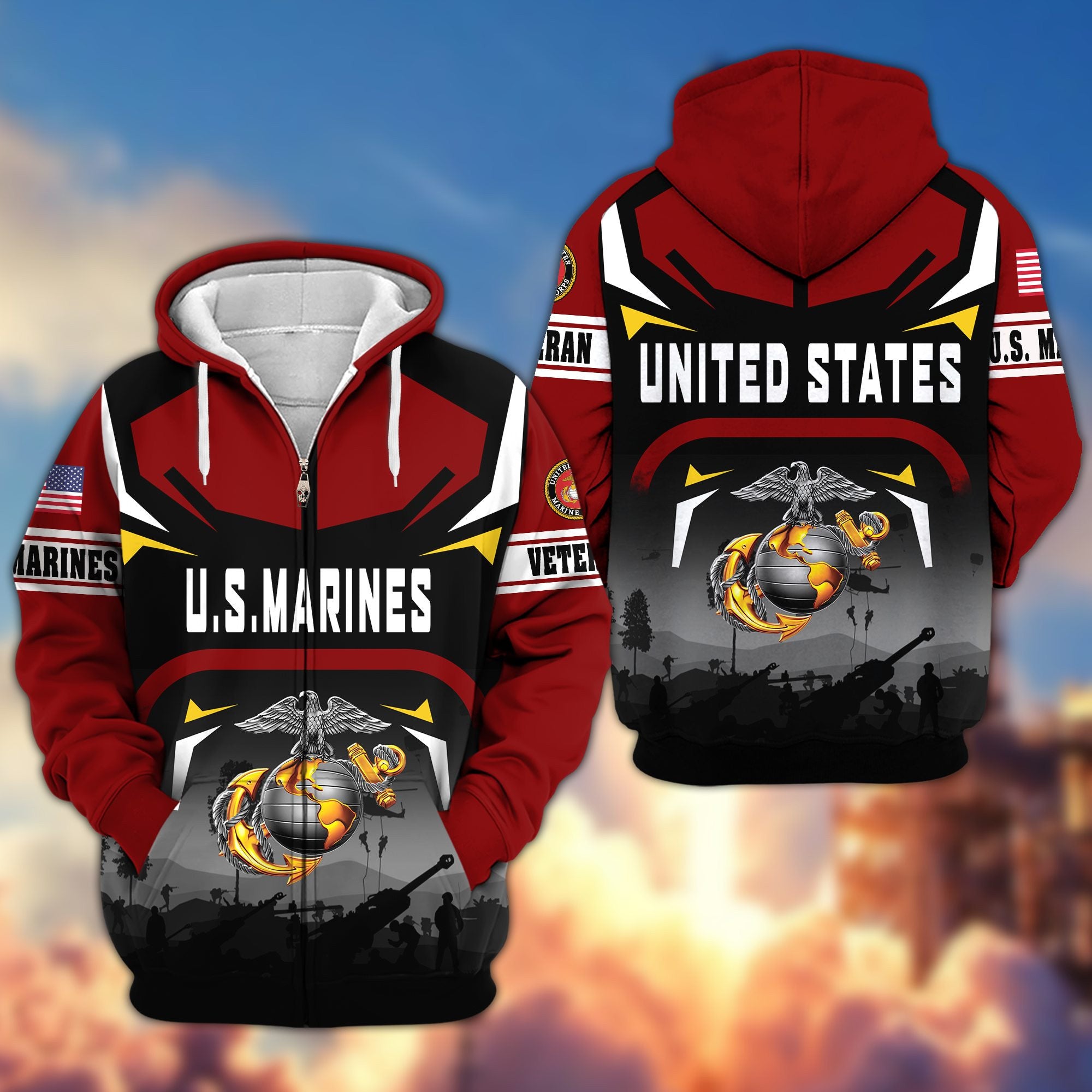 Premium US Veterans Zip Hoodie, Gifts For US Veterans, Gifts On Father's Day, Veterans Day.