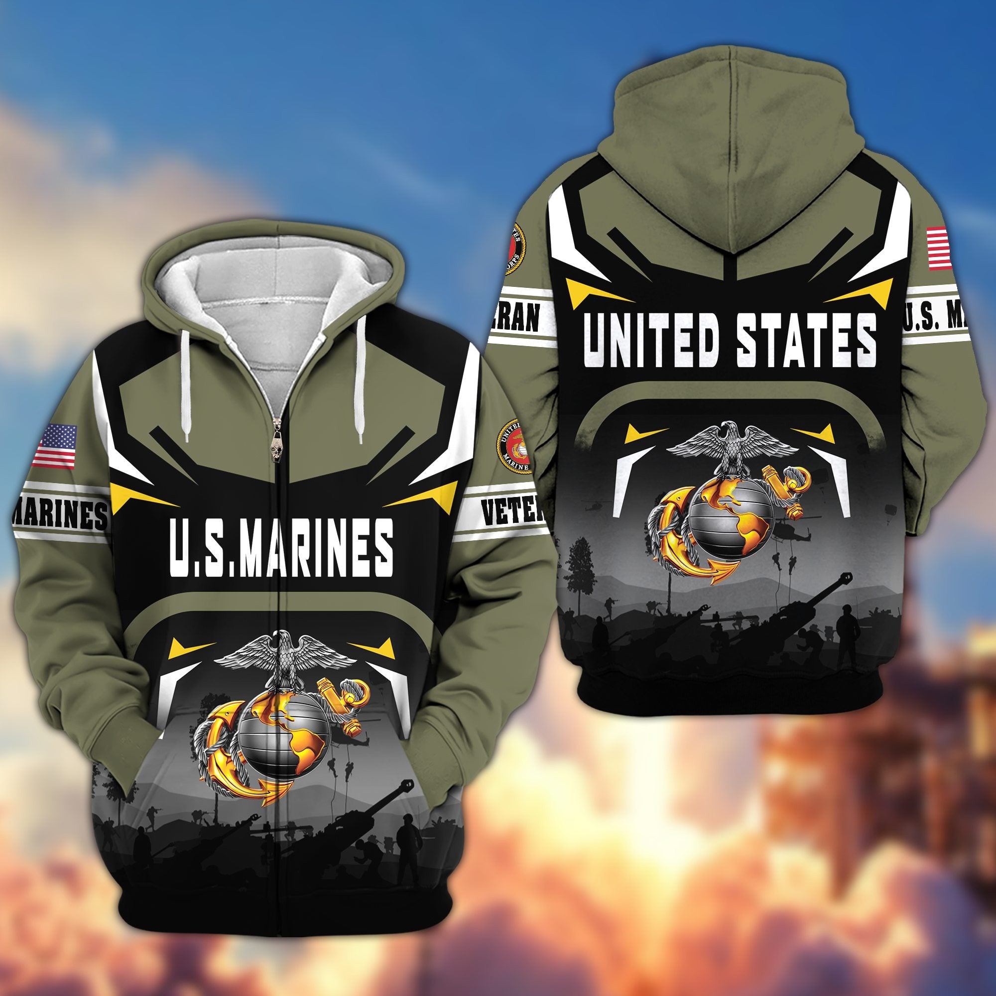 Premium US Veterans Zip Hoodie, Gifts For US Veterans, Gifts On Father's Day, Veterans Day.