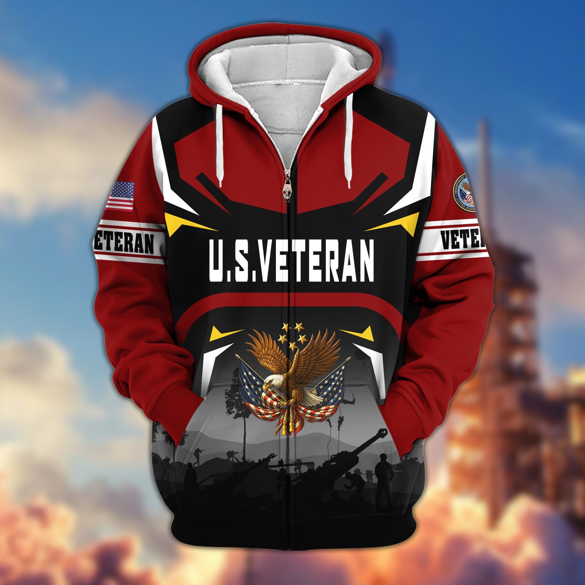 Premium US Veterans Zip Hoodie, Gifts For US Veterans, Gifts On Father's Day, Veterans Day.
