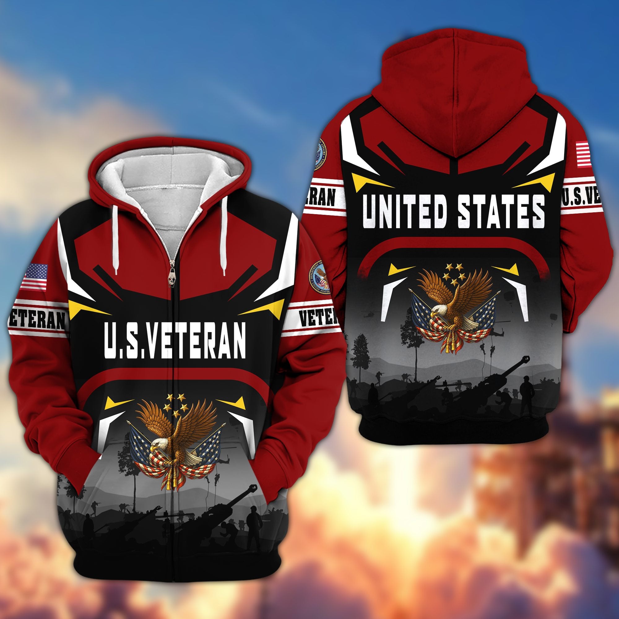 Premium US Veterans Zip Hoodie, Gifts For US Veterans, Gifts On Father's Day, Veterans Day.