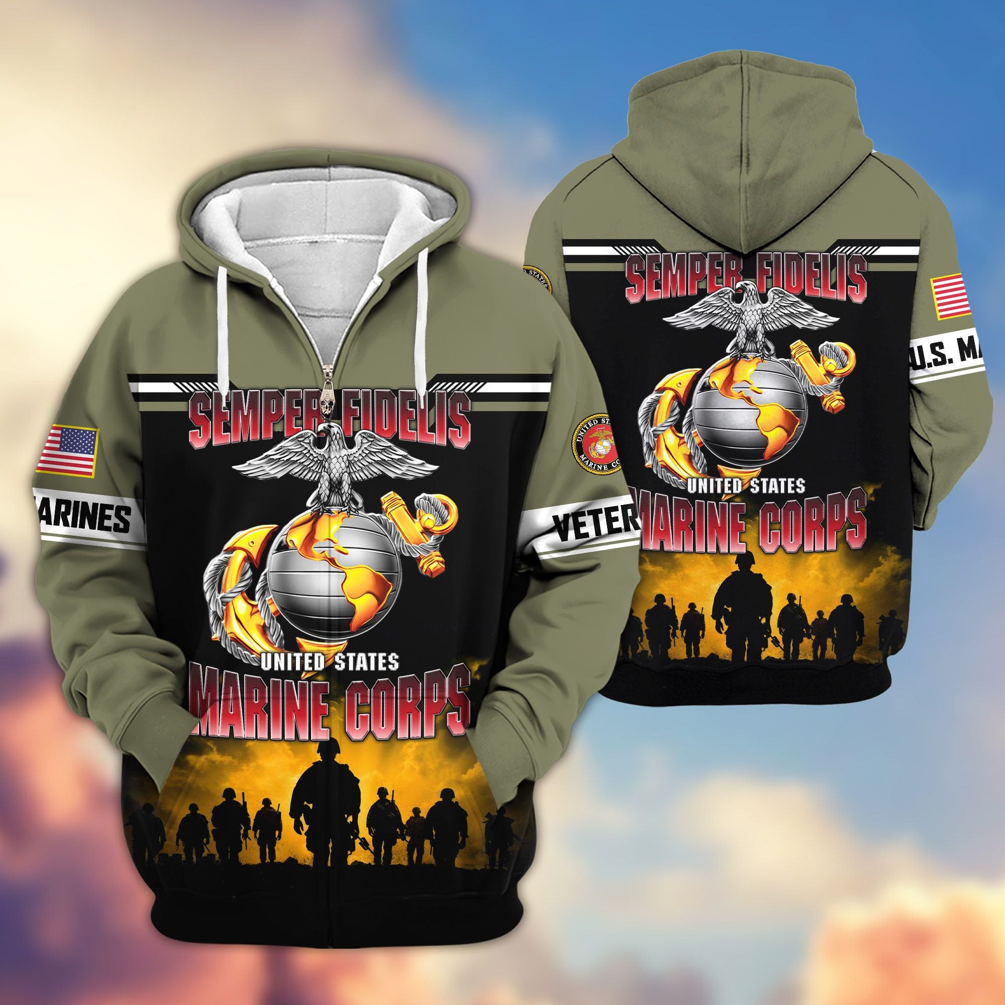 Premium US Veterans Zip Hoodie, Gifts For US Veterans, Gifts On Father's Day, Veterans Day.