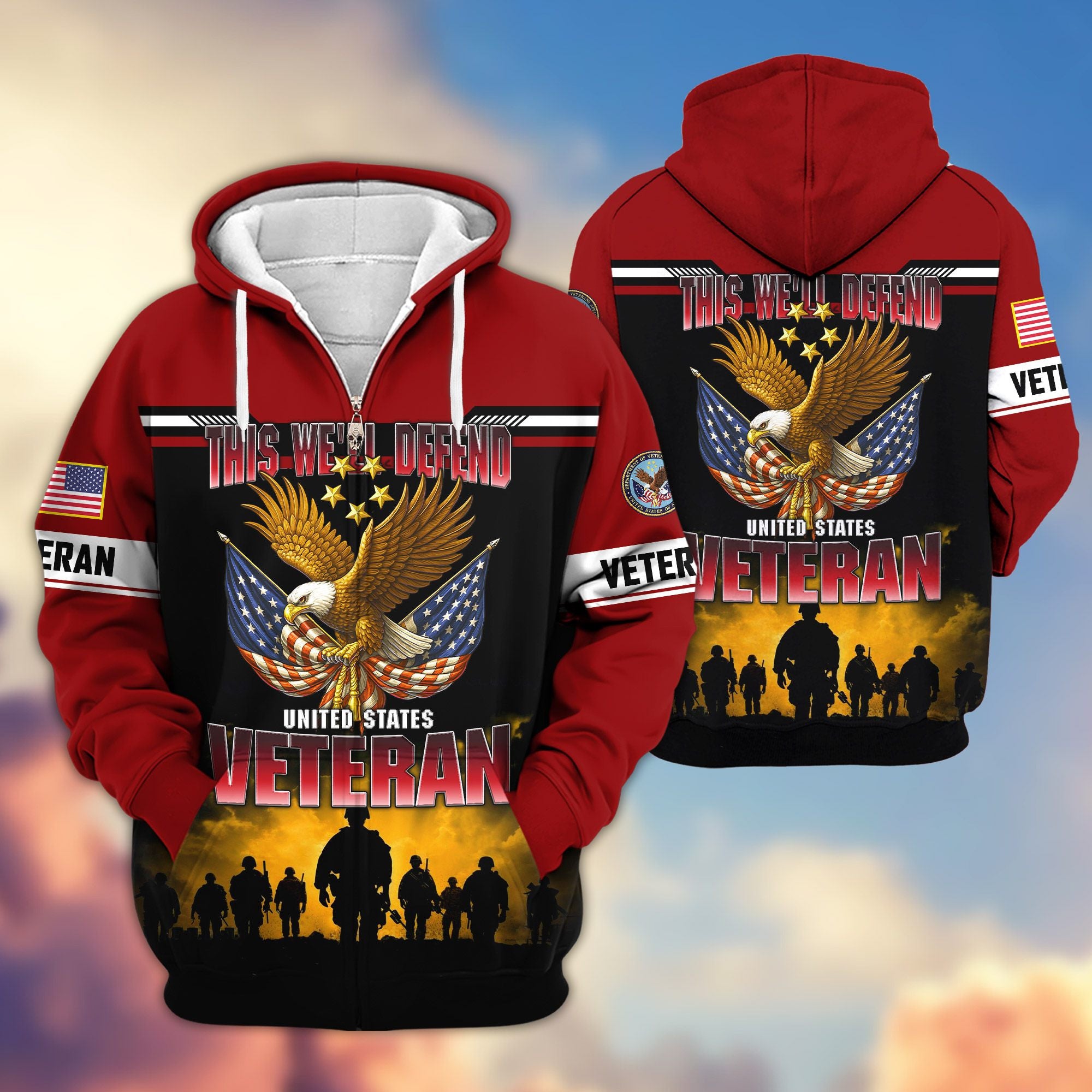 Premium US Veterans Zip Hoodie, Gifts For US Veterans, Gifts On Father's Day, Veterans Day.