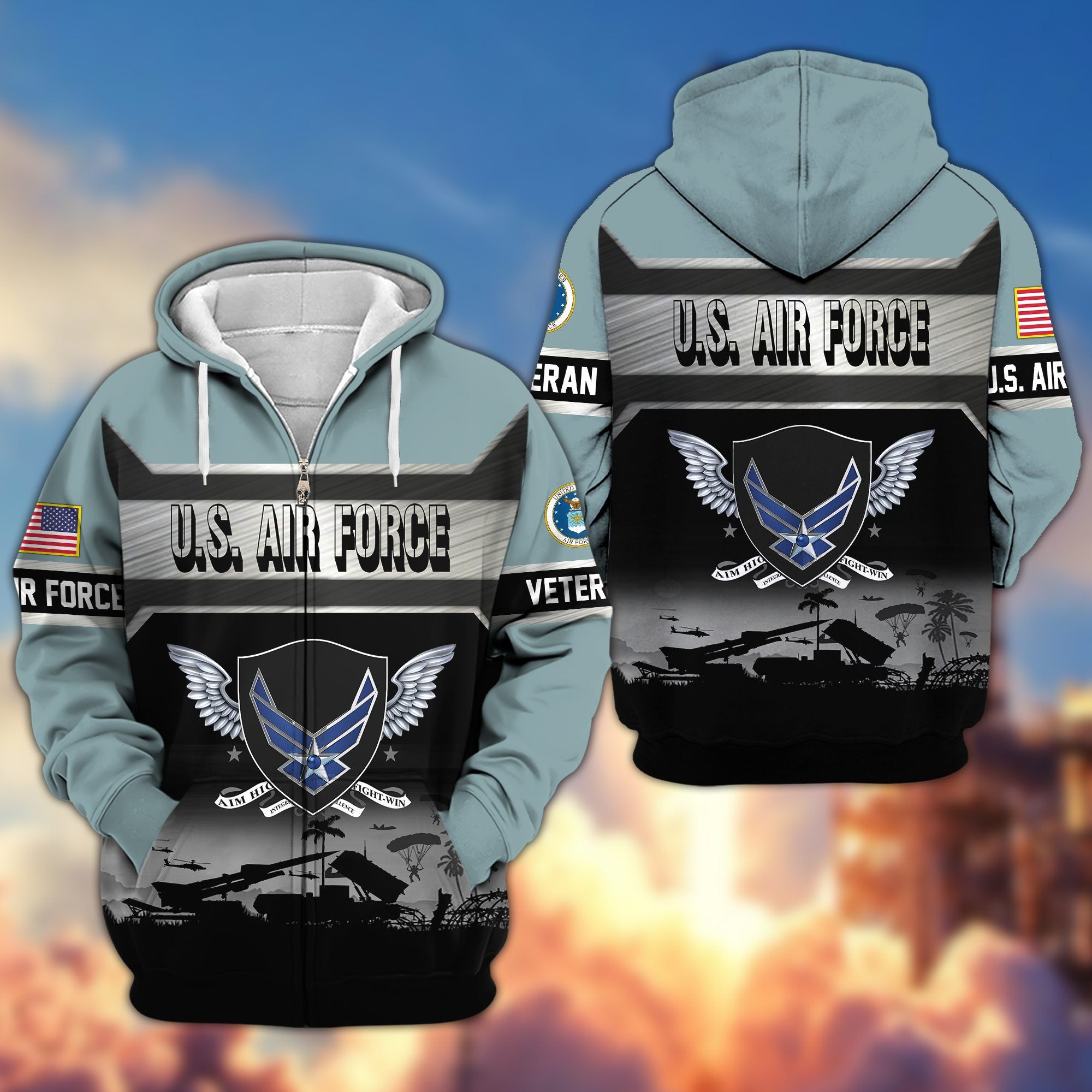 Premium US Veterans Zip Hoodie, Gifts For US Veterans, Gifts On Father's Day, Veterans Day.