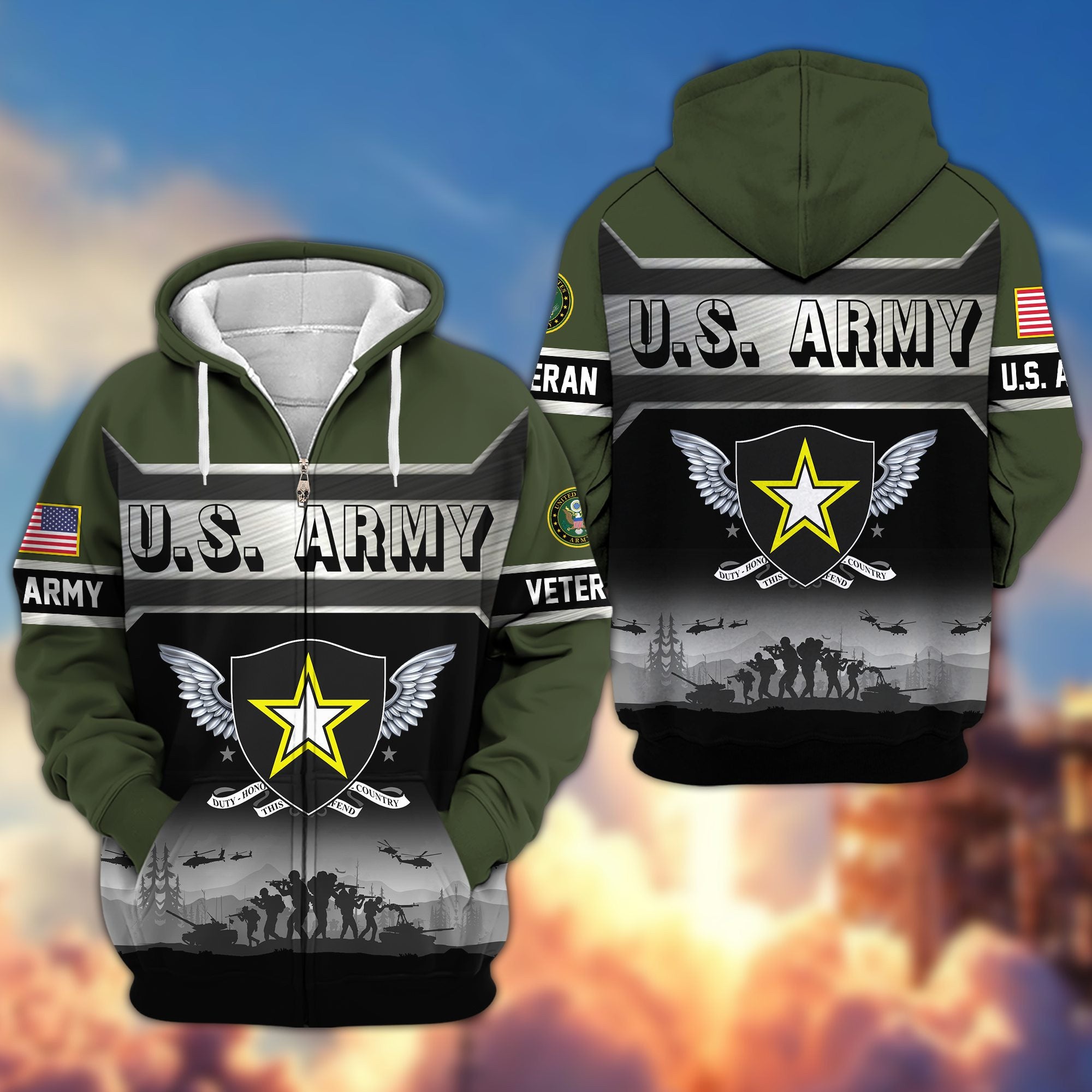 Premium US Veterans Zip Hoodie, Gifts For US Veterans, Gifts On Father's Day, Veterans Day.