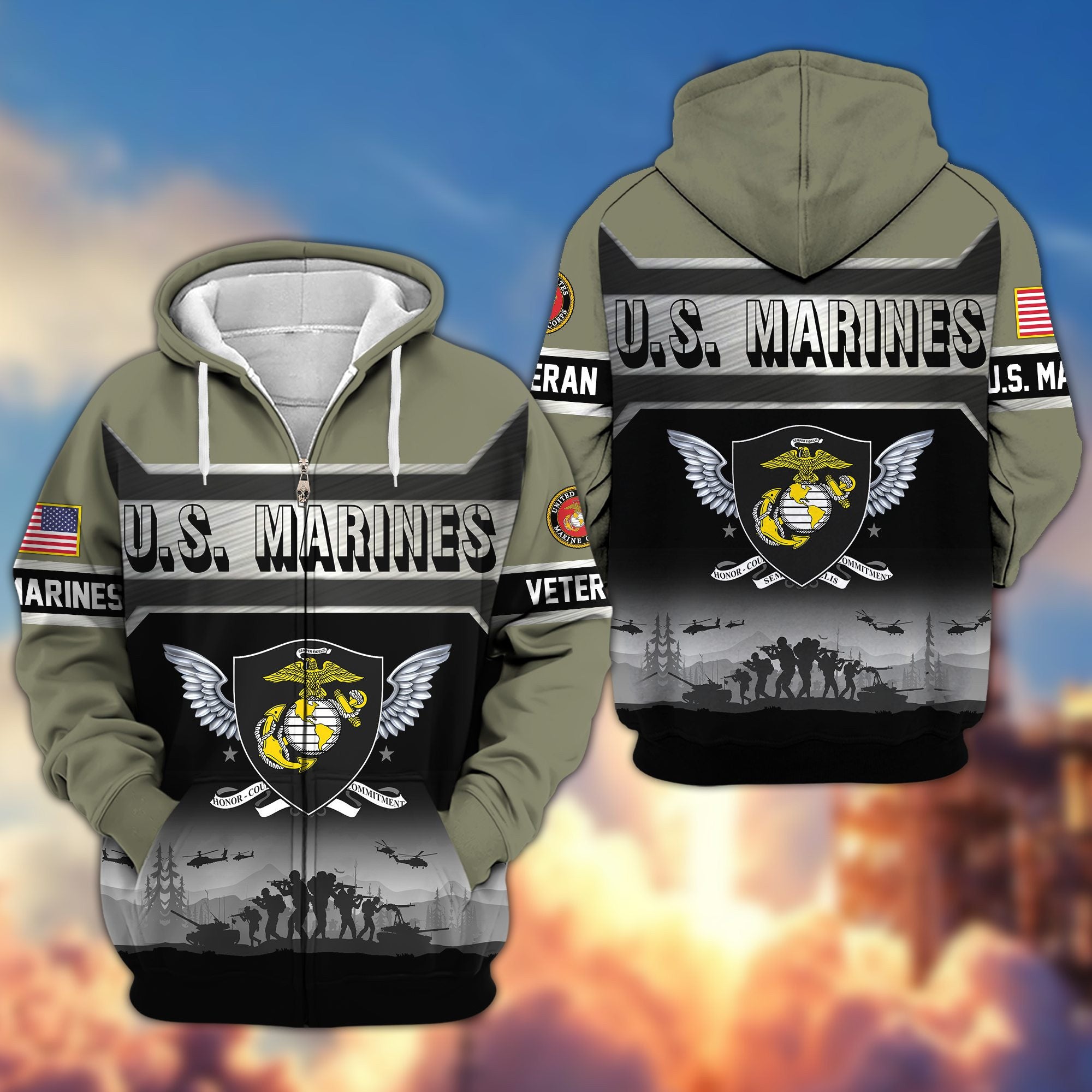 Premium US Veterans Zip Hoodie, Gifts For US Veterans, Gifts On Father's Day, Veterans Day.