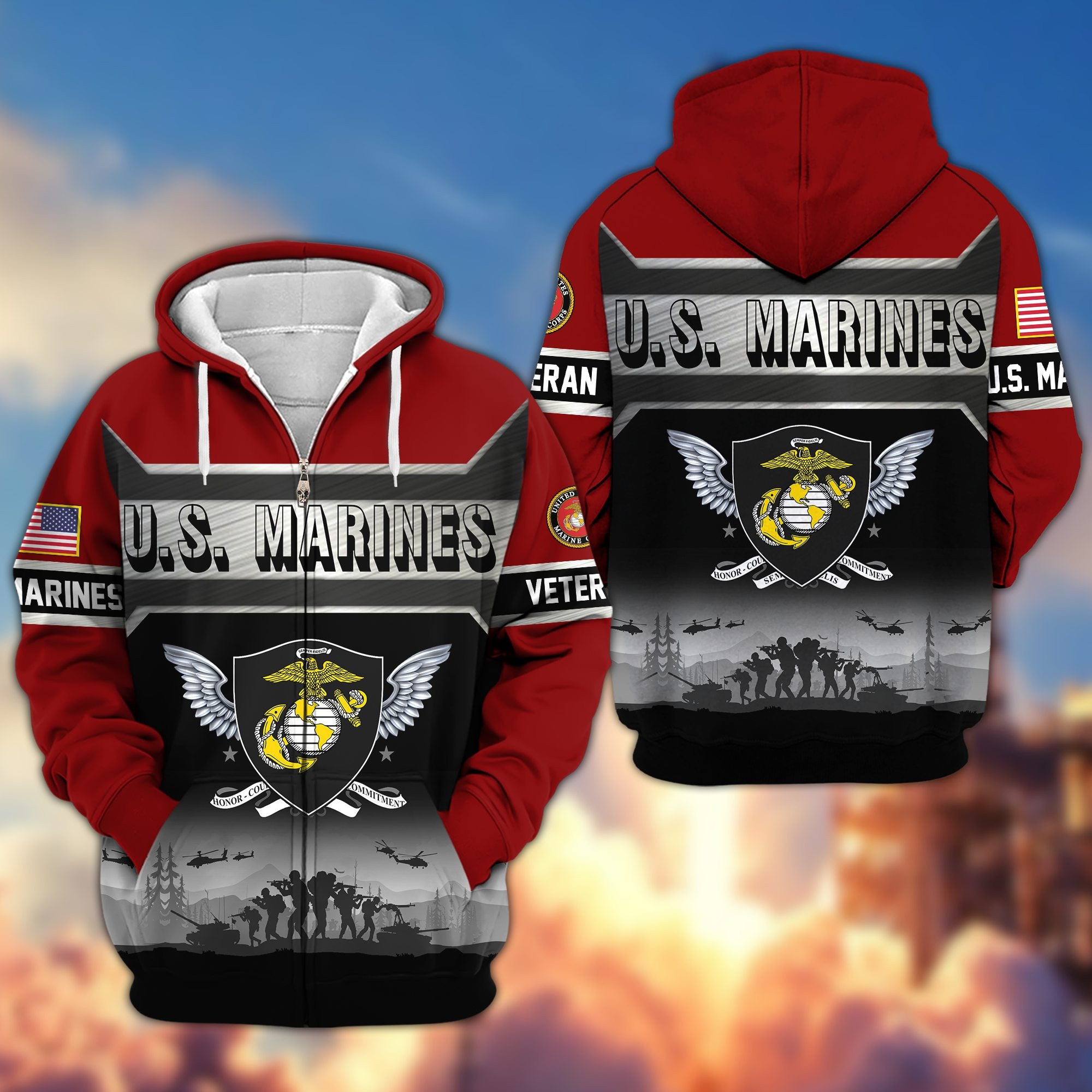 Premium US Veterans Zip Hoodie, Gifts For US Veterans, Gifts On Father's Day, Veterans Day.