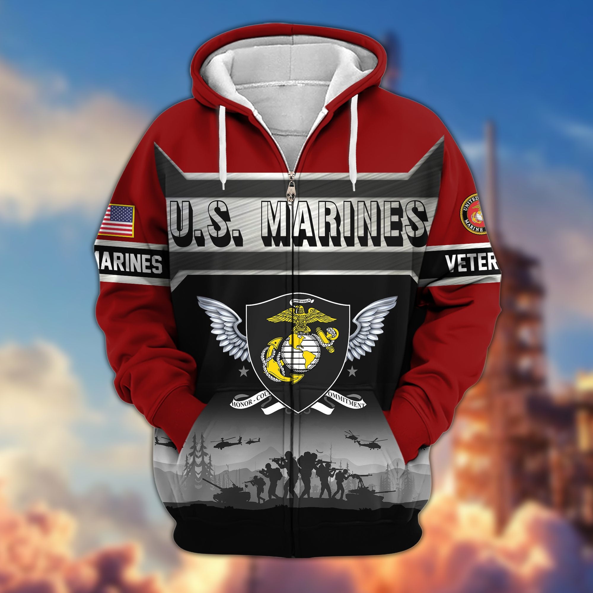Premium US Veterans Zip Hoodie, Gifts For US Veterans, Gifts On Father's Day, Veterans Day.