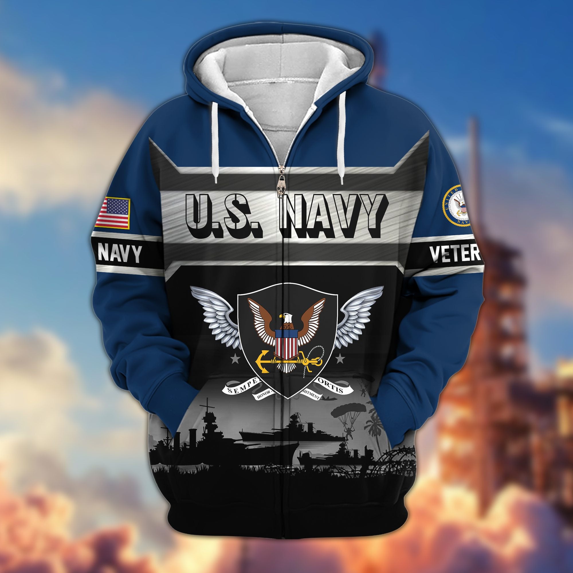 Premium US Veterans Zip Hoodie, Gifts For US Veterans, Gifts On Father's Day, Veterans Day.