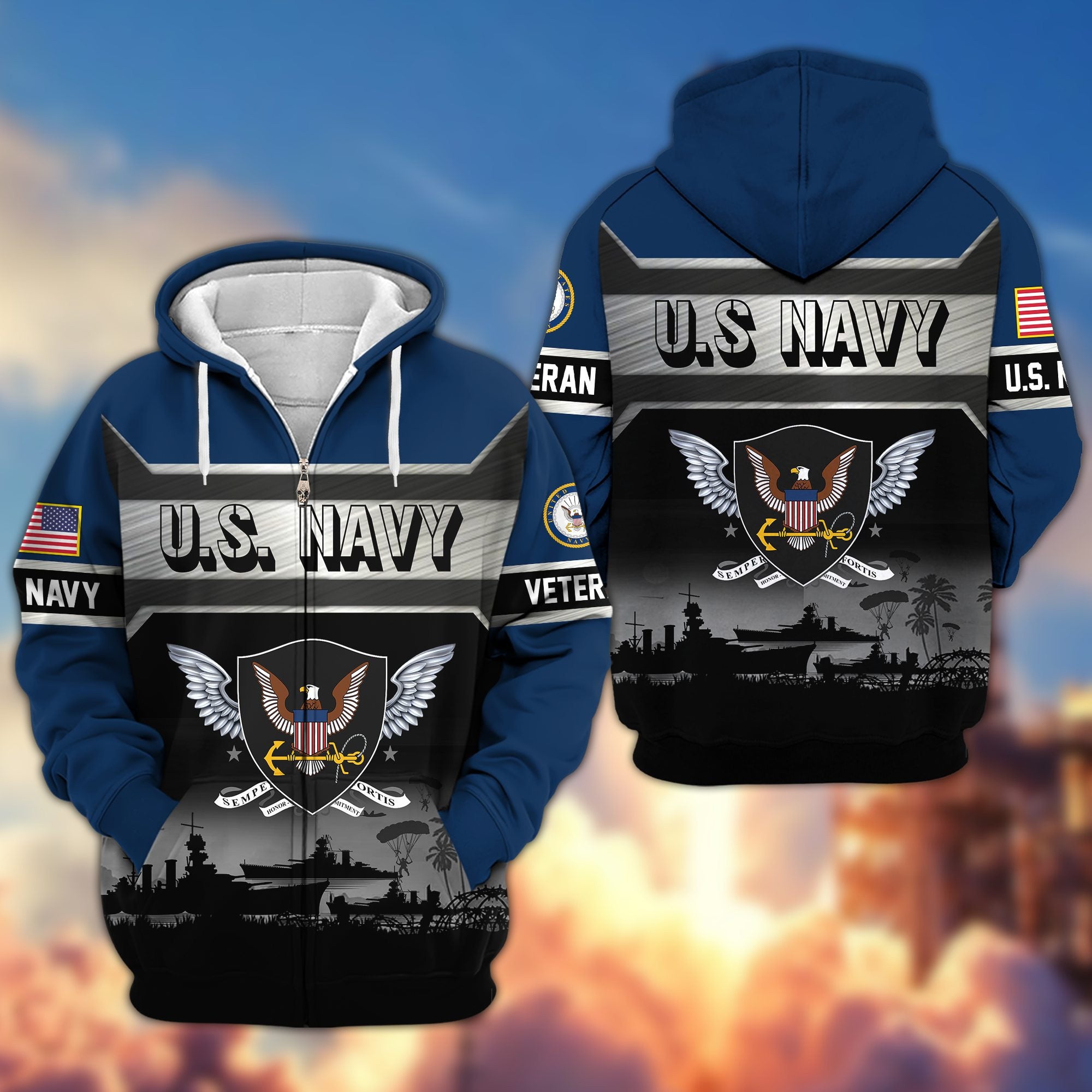 Premium US Veterans Zip Hoodie, Gifts For US Veterans, Gifts On Father's Day, Veterans Day.